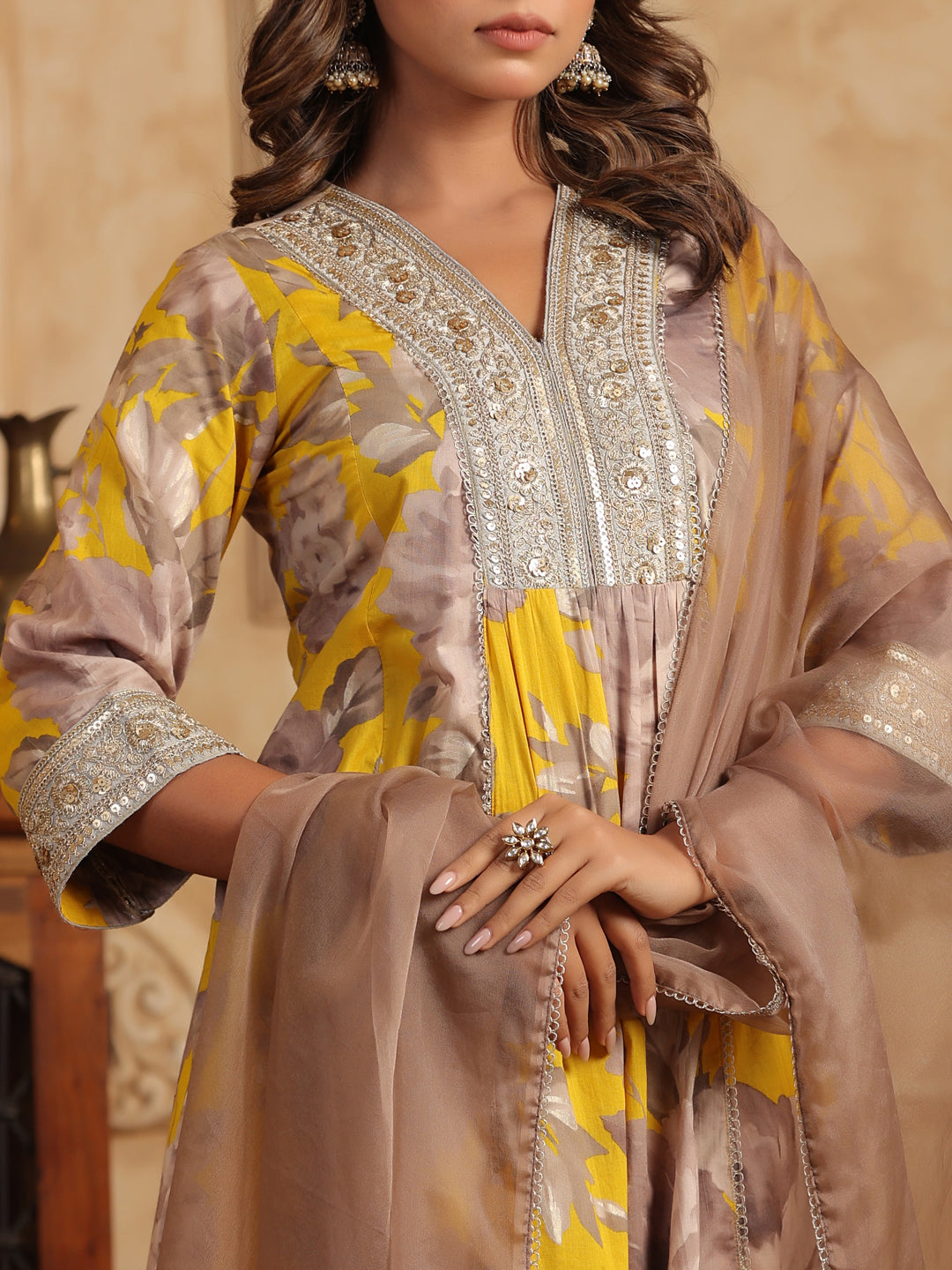 Floral Printed Sequinned Pure Cotton Anarkali Kurta with Trousers & Dupatta