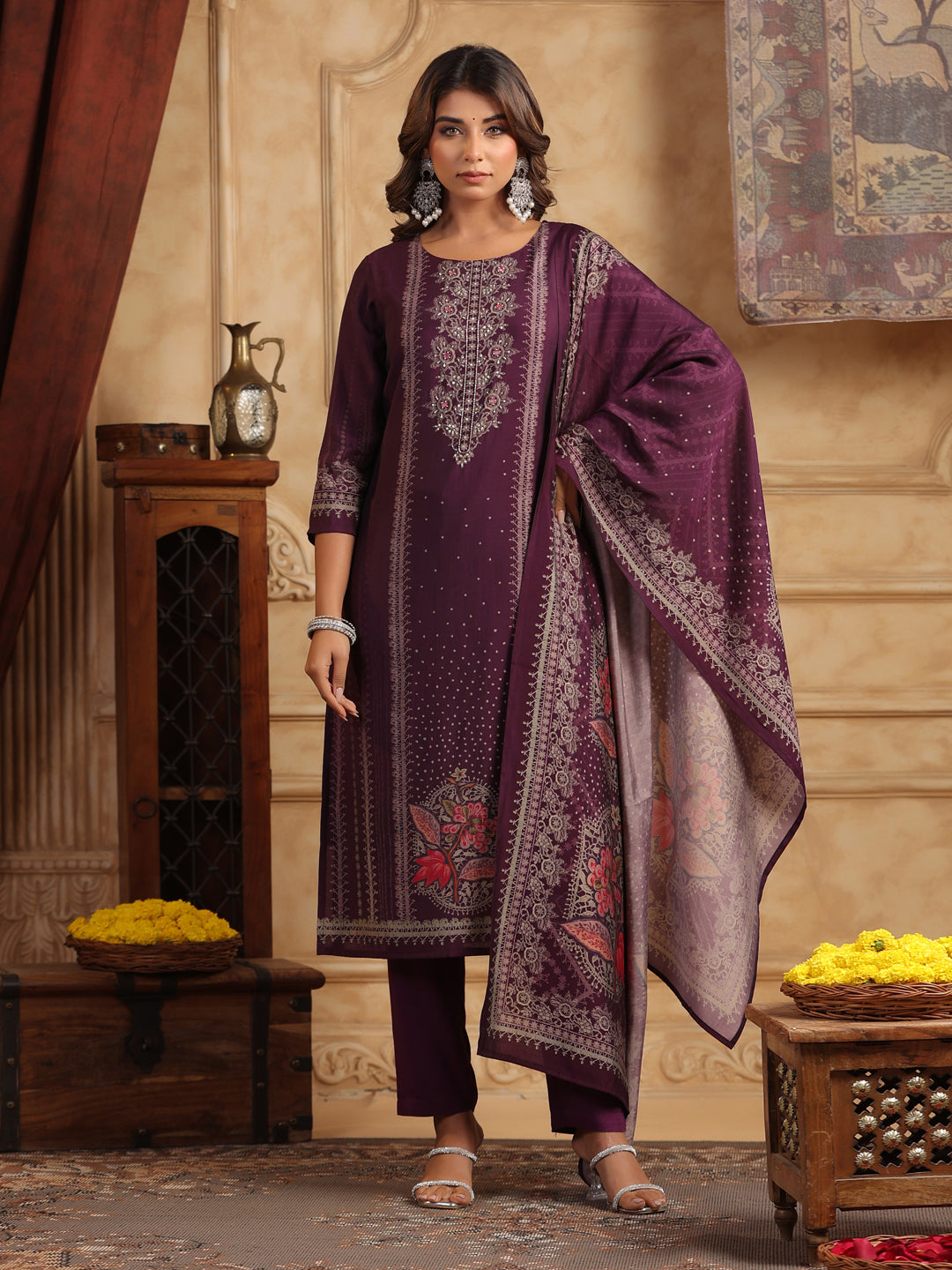 Printed Beads and Stones Straight Kurta with Trousers & Dupatta