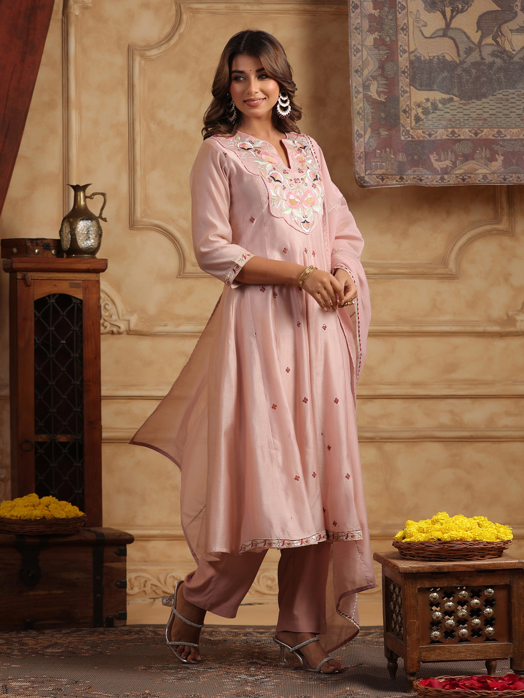 Floral Embroidered Chanderi Cotton Anarkali Kurta with Trousers & Dupatta