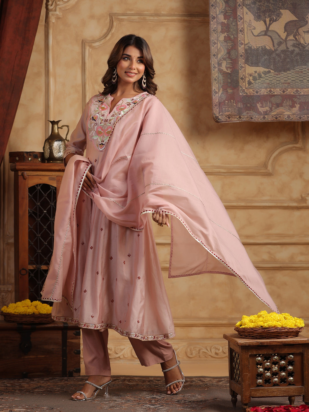 Floral Embroidered Chanderi Cotton Anarkali Kurta with Trousers & Dupatta