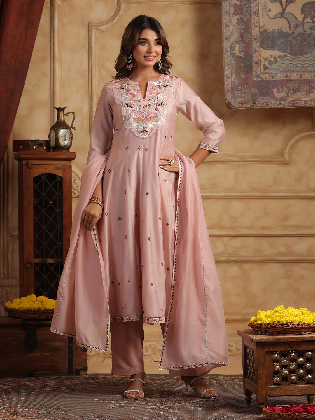 Floral Embroidered Chanderi Cotton Anarkali Kurta with Trousers & Dupatta