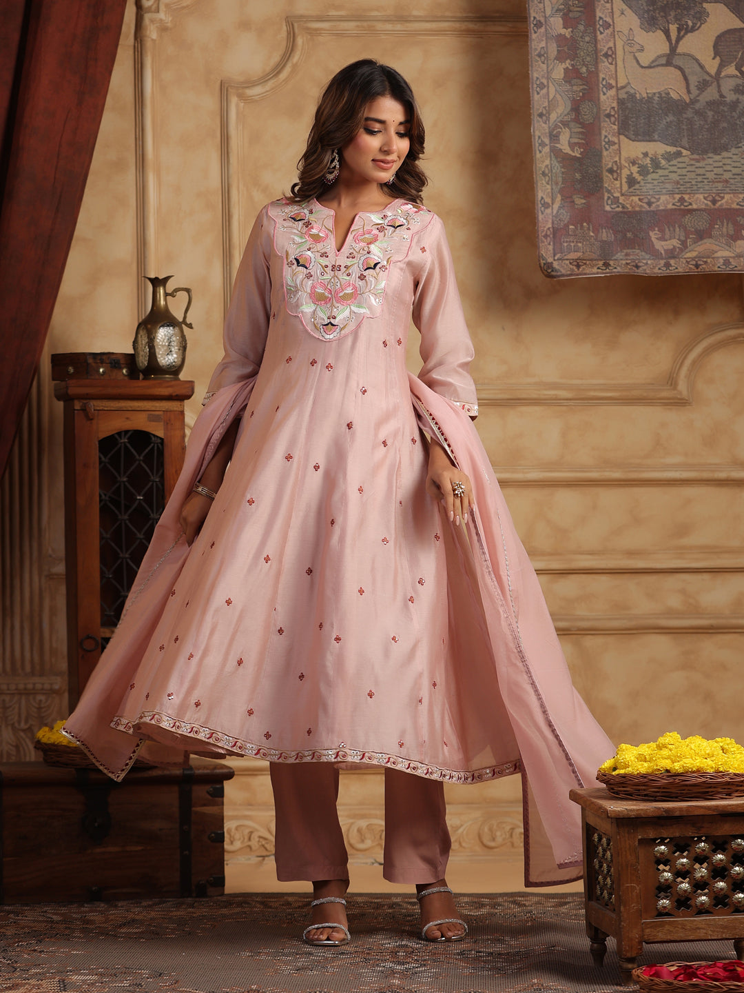 Floral Embroidered Chanderi Cotton Anarkali Kurta with Trousers & Dupatta