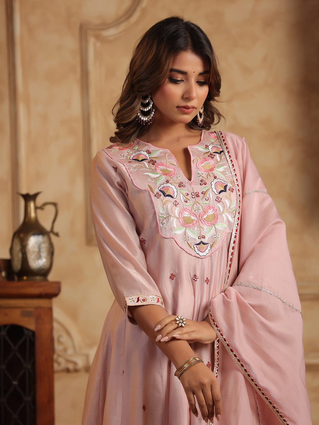 Floral Embroidered Chanderi Cotton Anarkali Kurta with Trousers & Dupatta