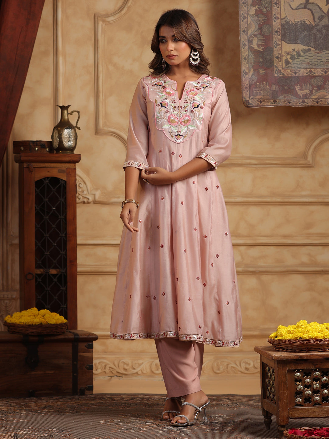 Floral Embroidered Chanderi Cotton Anarkali Kurta with Trousers & Dupatta