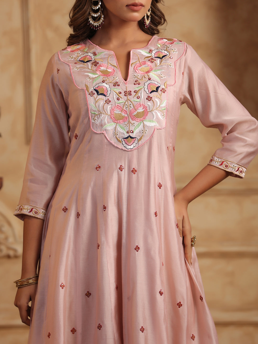 Floral Embroidered Chanderi Cotton Anarkali Kurta with Trousers & Dupatta