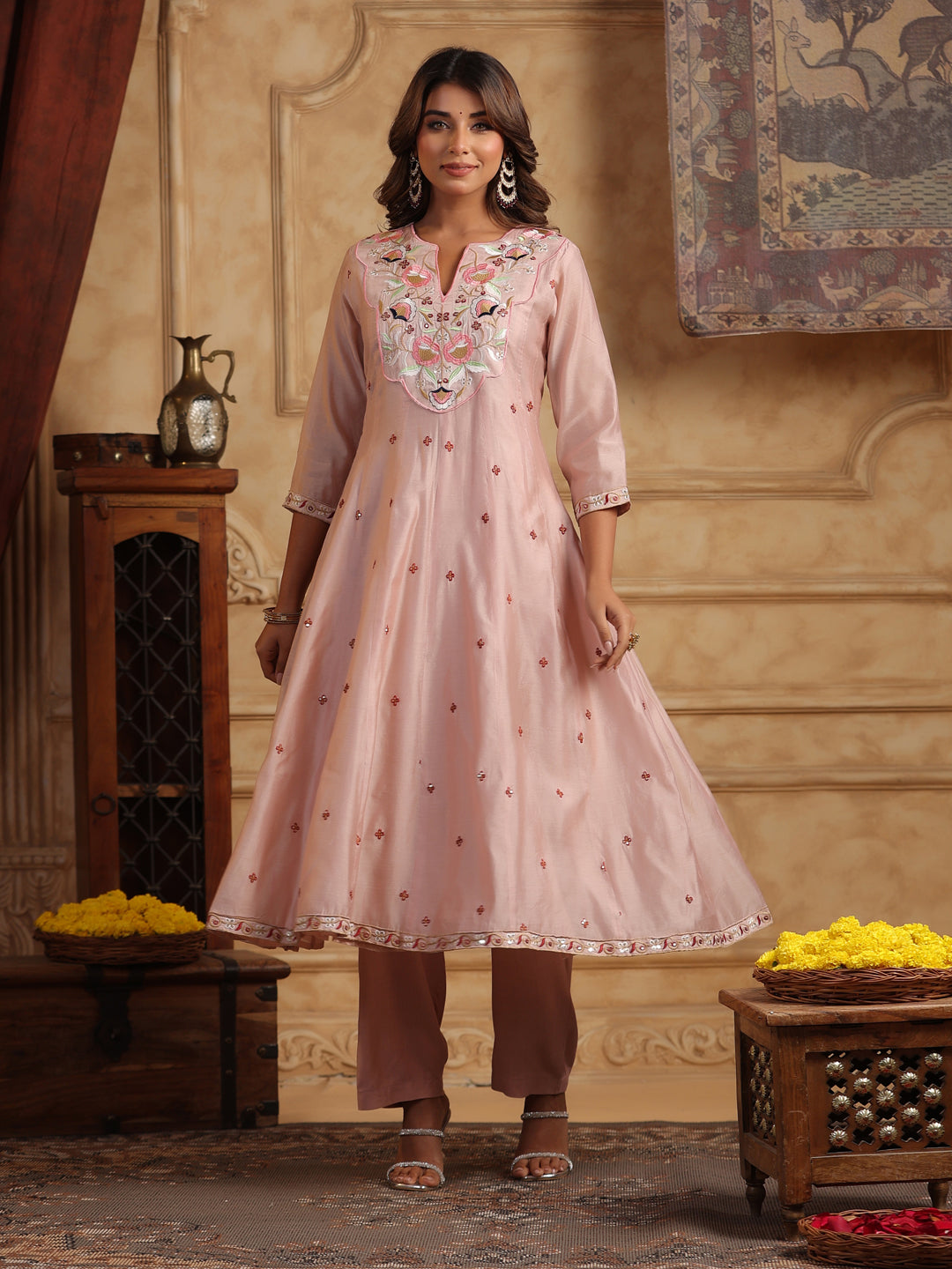 Floral Embroidered Chanderi Cotton Anarkali Kurta with Trousers & Dupatta