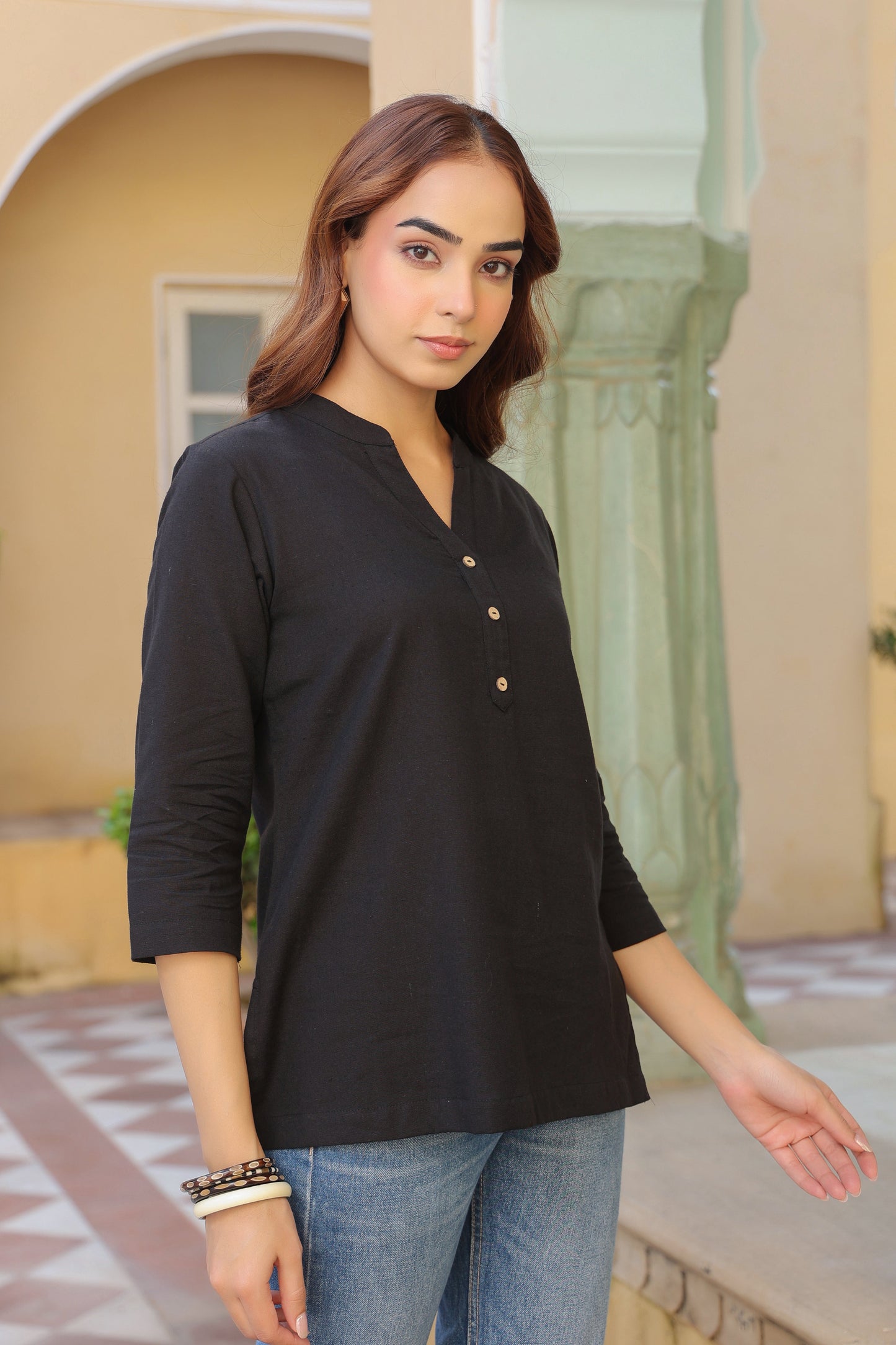 Women Mandarin Collar Cotton Top