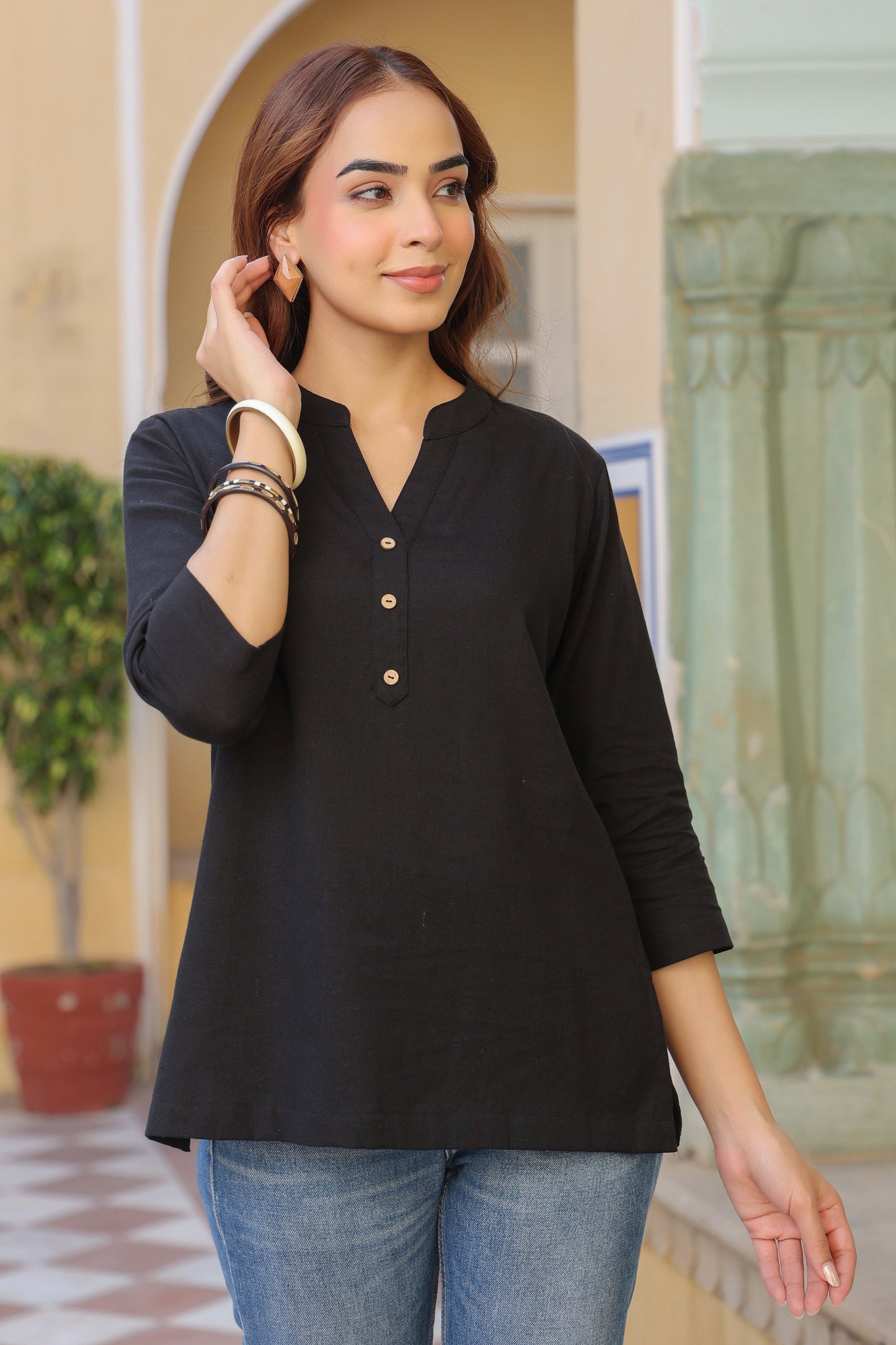 Women Mandarin Collar Cotton Top