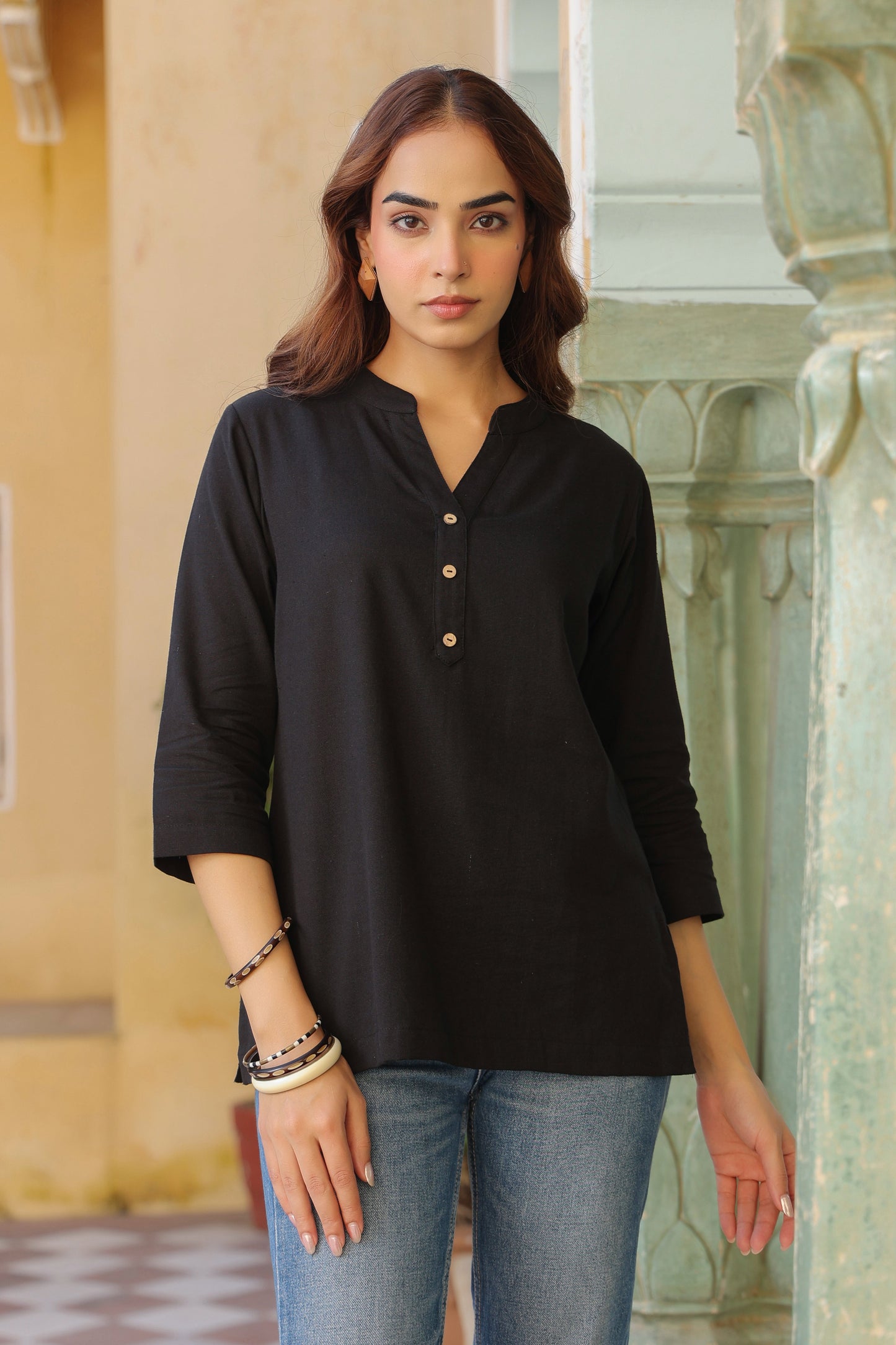 Women Mandarin Collar Cotton Top