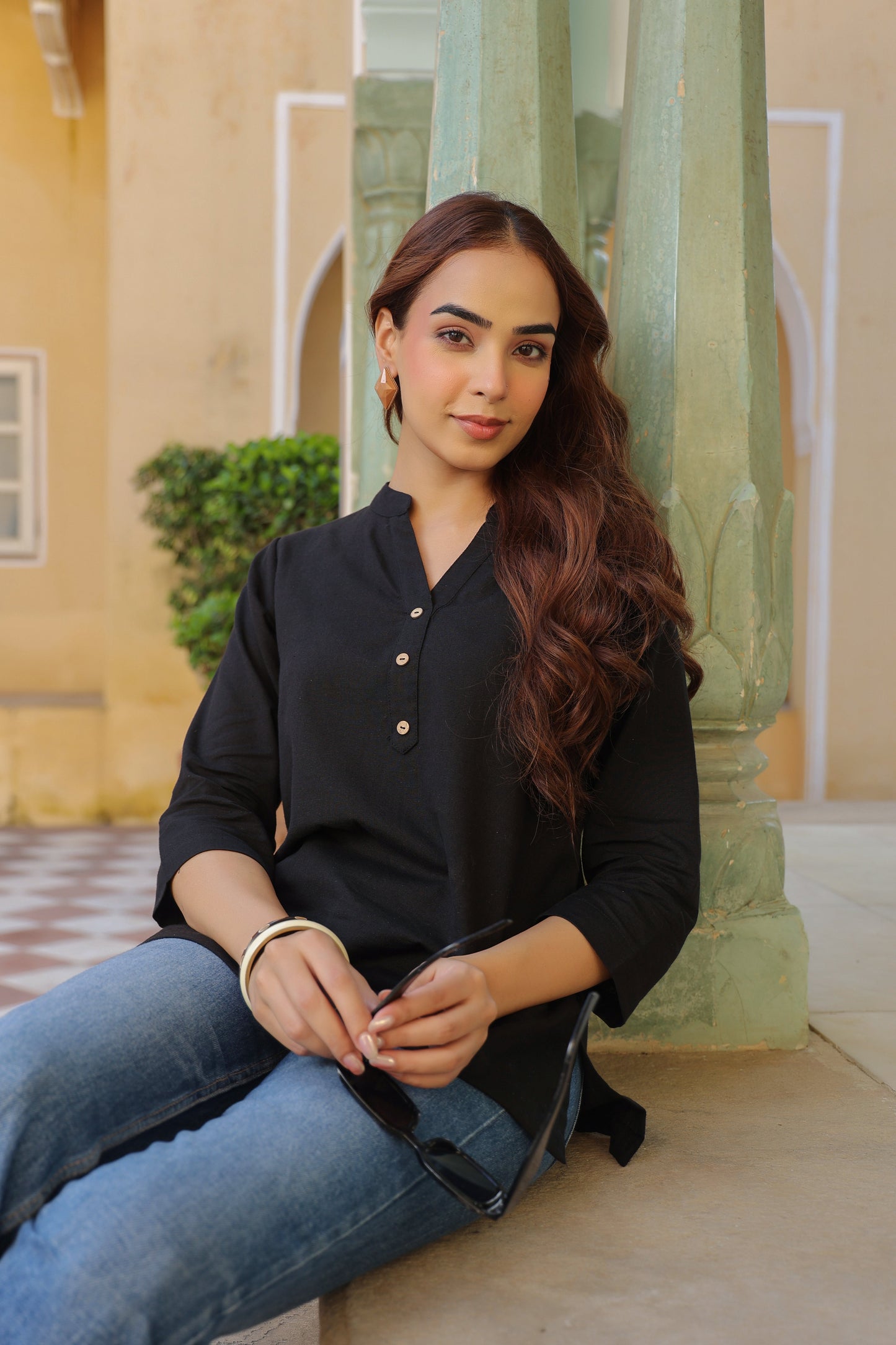 Women Mandarin Collar Cotton Top