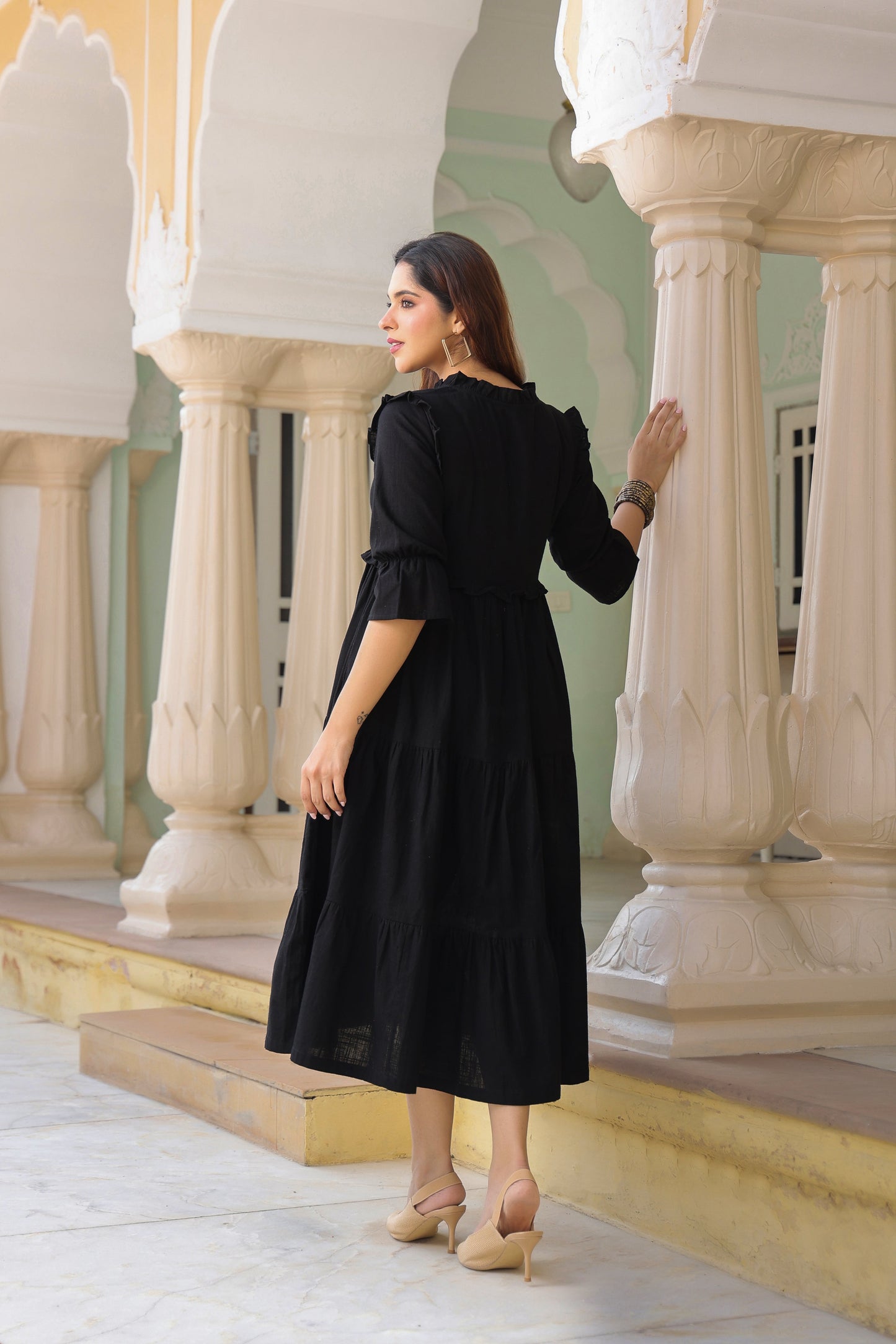 Women Pure Cotton Ruffle-Detail V-Neck Fit & Flare Midi Dress