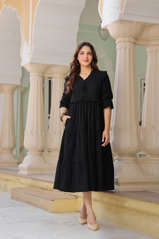 Women Pure Cotton Ruffle-Detail V-Neck Fit & Flare Midi Dress