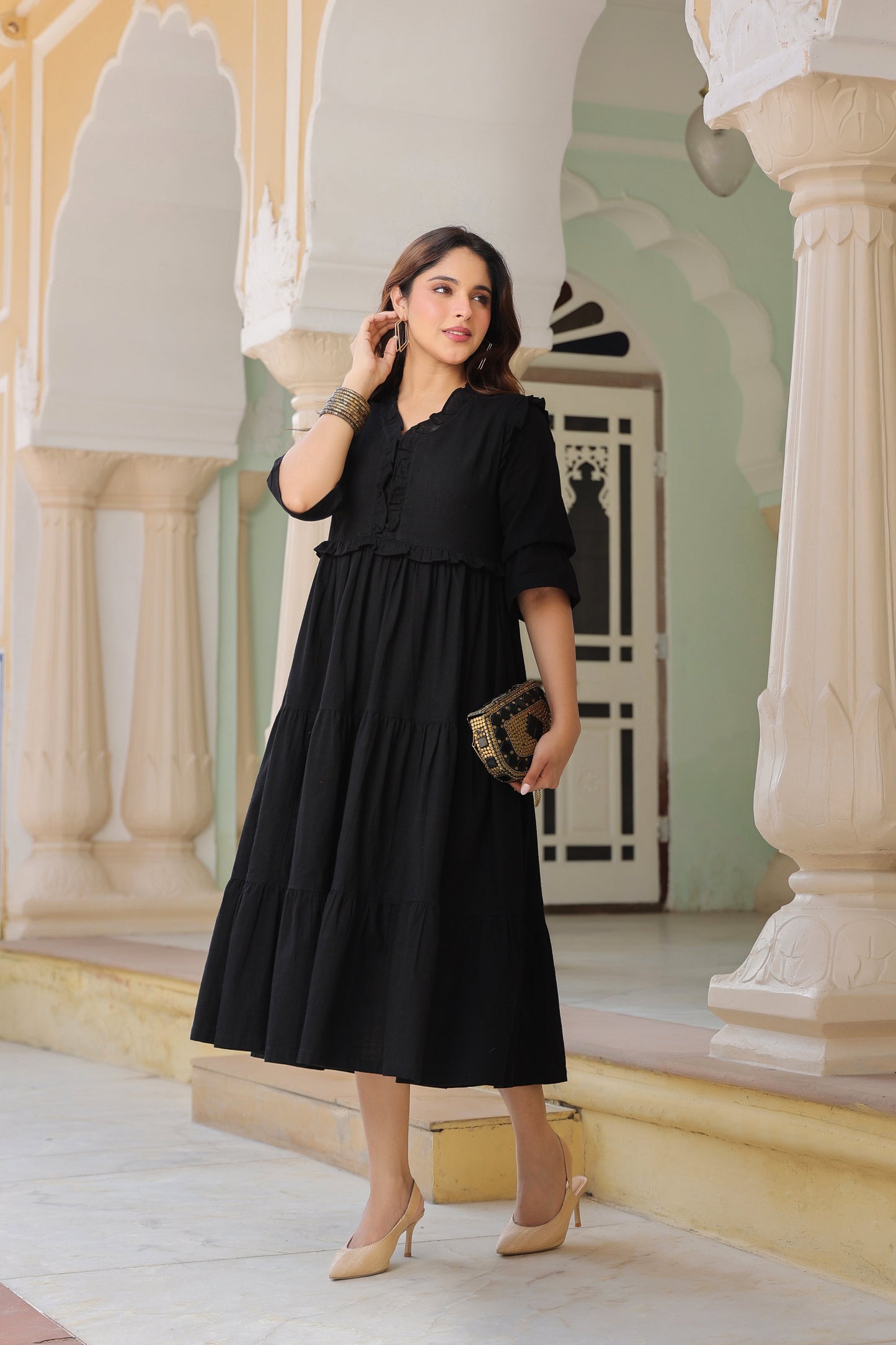 Women Pure Cotton Ruffle-Detail V-Neck Fit & Flare Midi Dress
