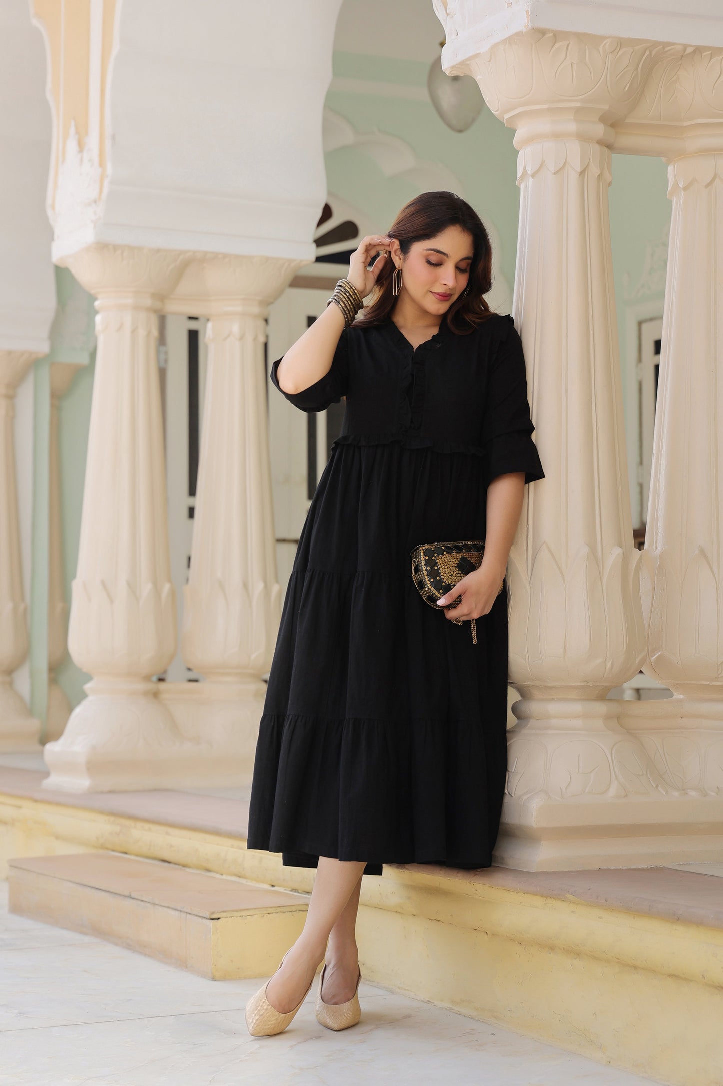 Women Pure Cotton Ruffle-Detail V-Neck Fit & Flare Midi Dress