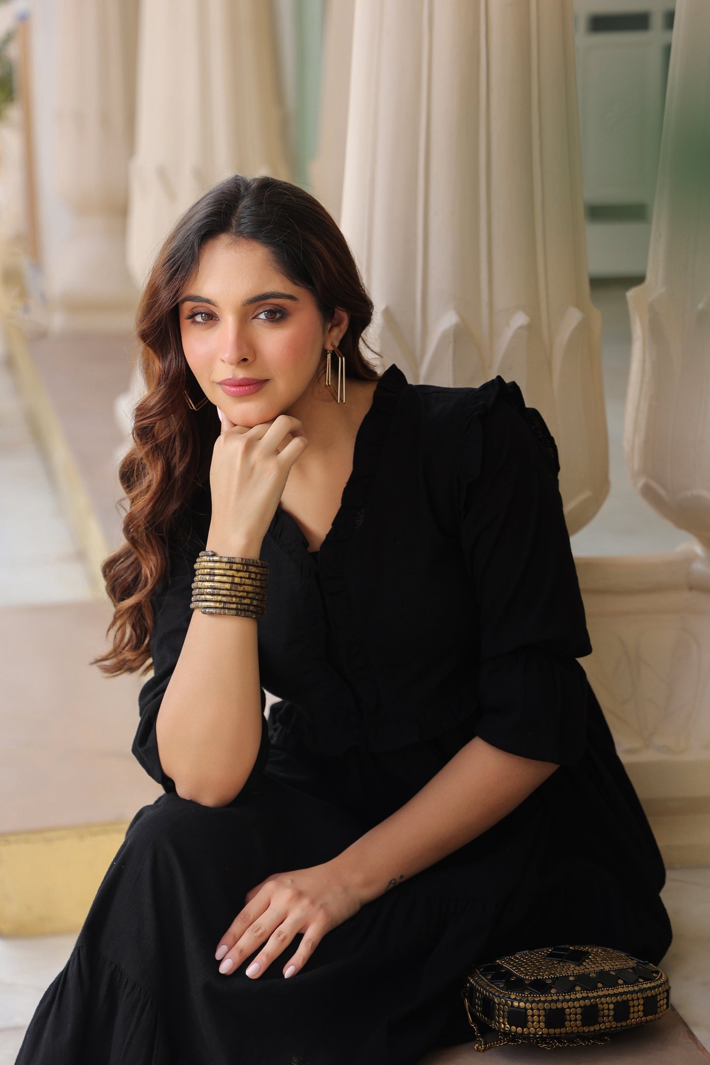 Women Pure Cotton Ruffle-Detail V-Neck Fit & Flare Midi Dress