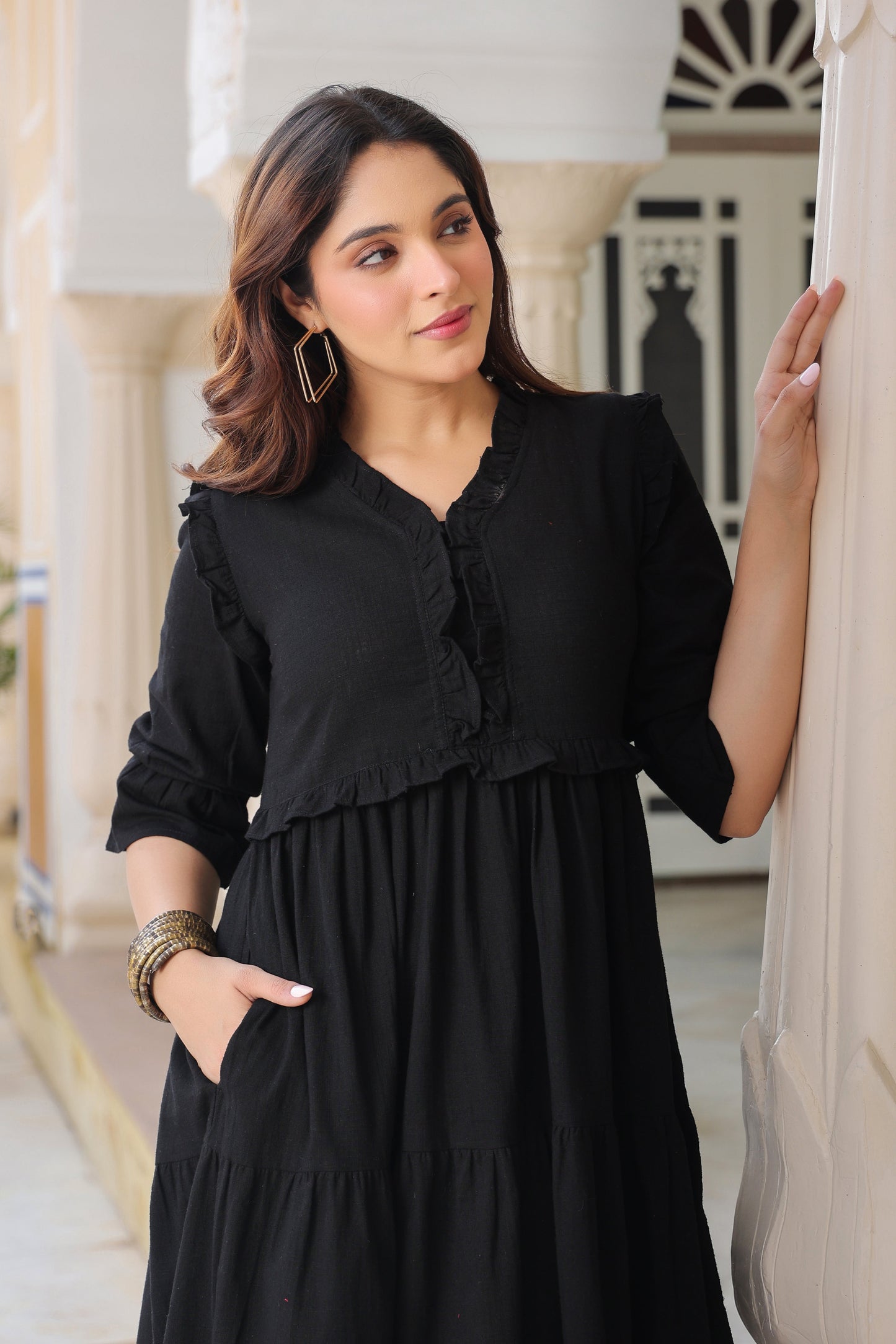 Women Pure Cotton Ruffle-Detail V-Neck Fit & Flare Midi Dress