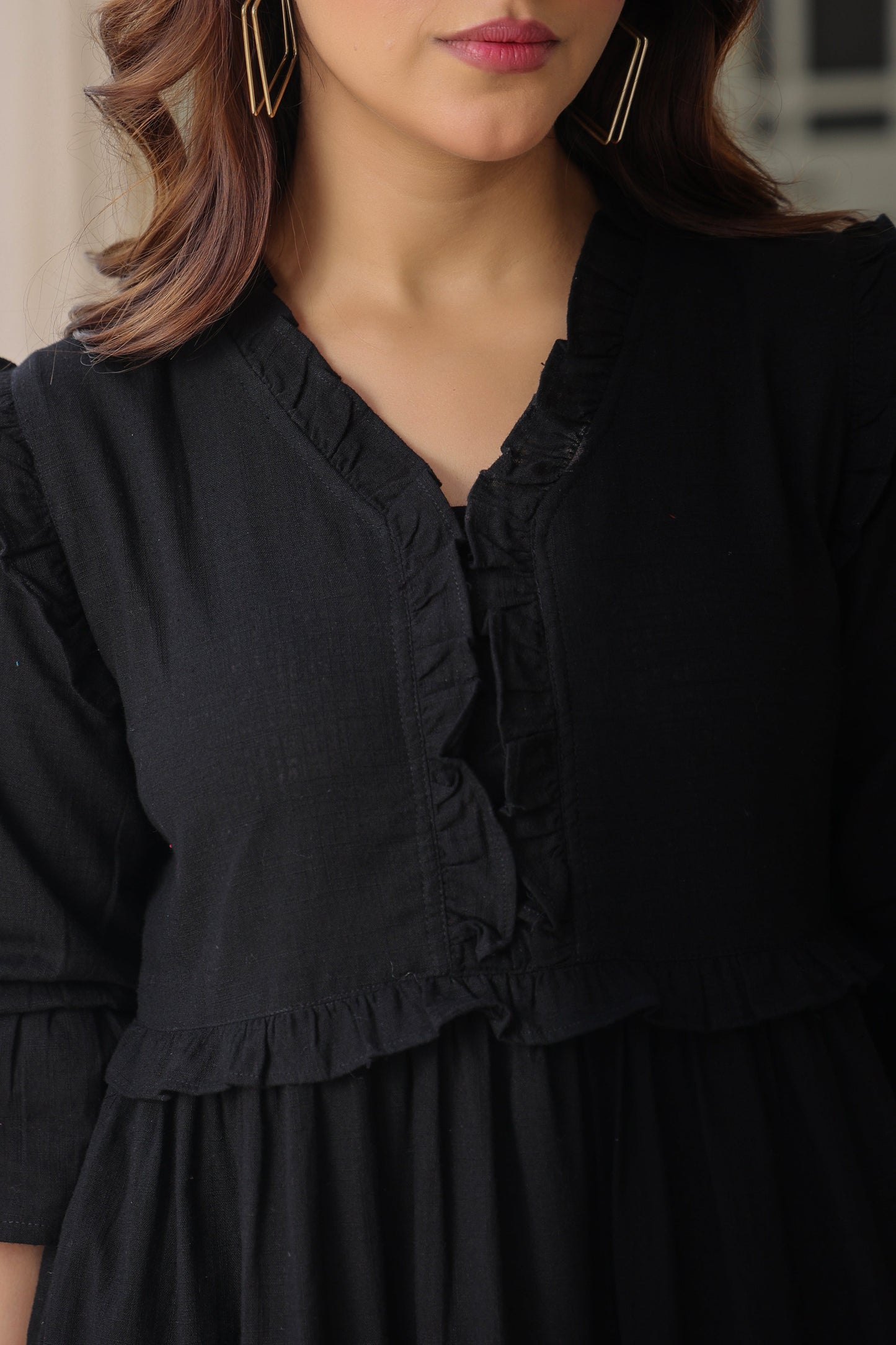 Women Pure Cotton Ruffle-Detail V-Neck Fit & Flare Midi Dress