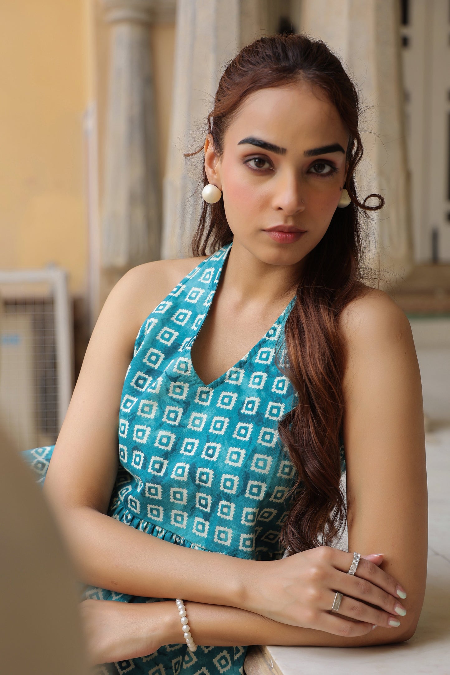 Women Geometric Printed Pure Cotton V-Neck Peplum Top