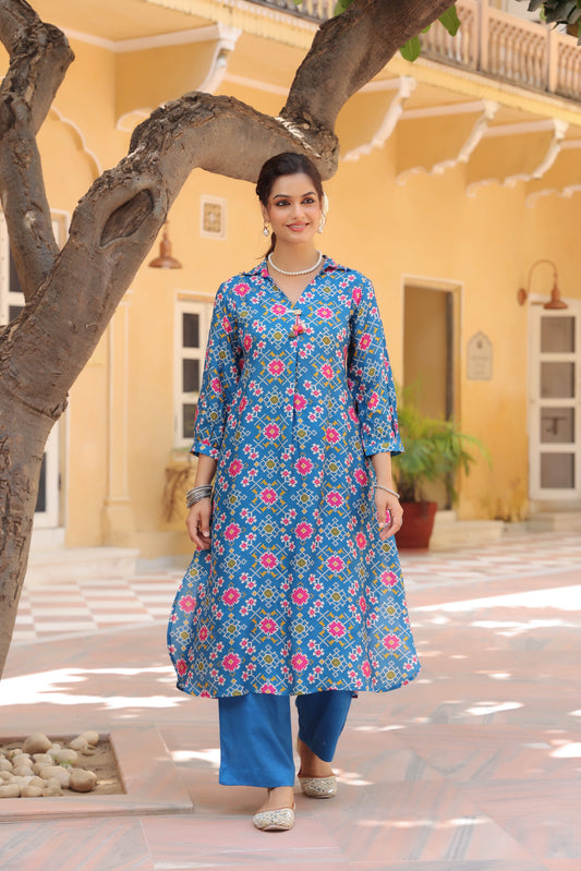Printed Shirt Collar Tunic With Trouser