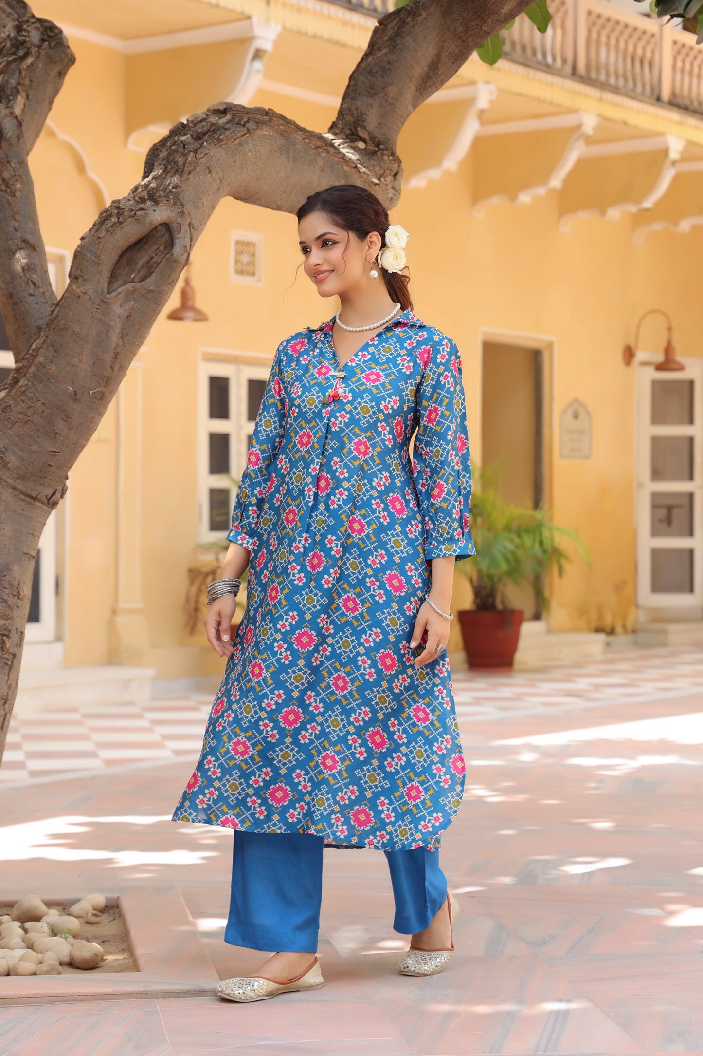 Printed Shirt Collar Tunic With Trouser