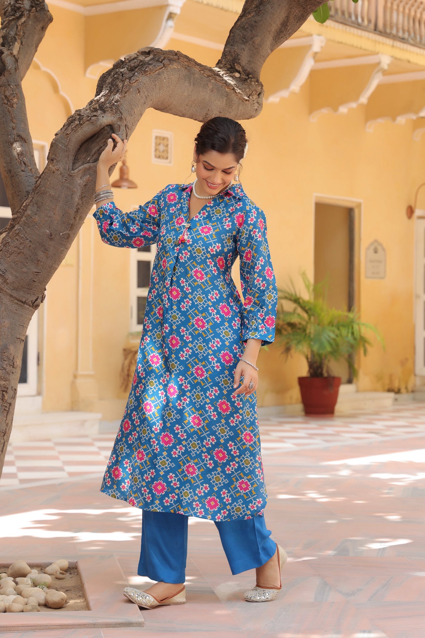 Printed Shirt Collar Tunic With Trouser