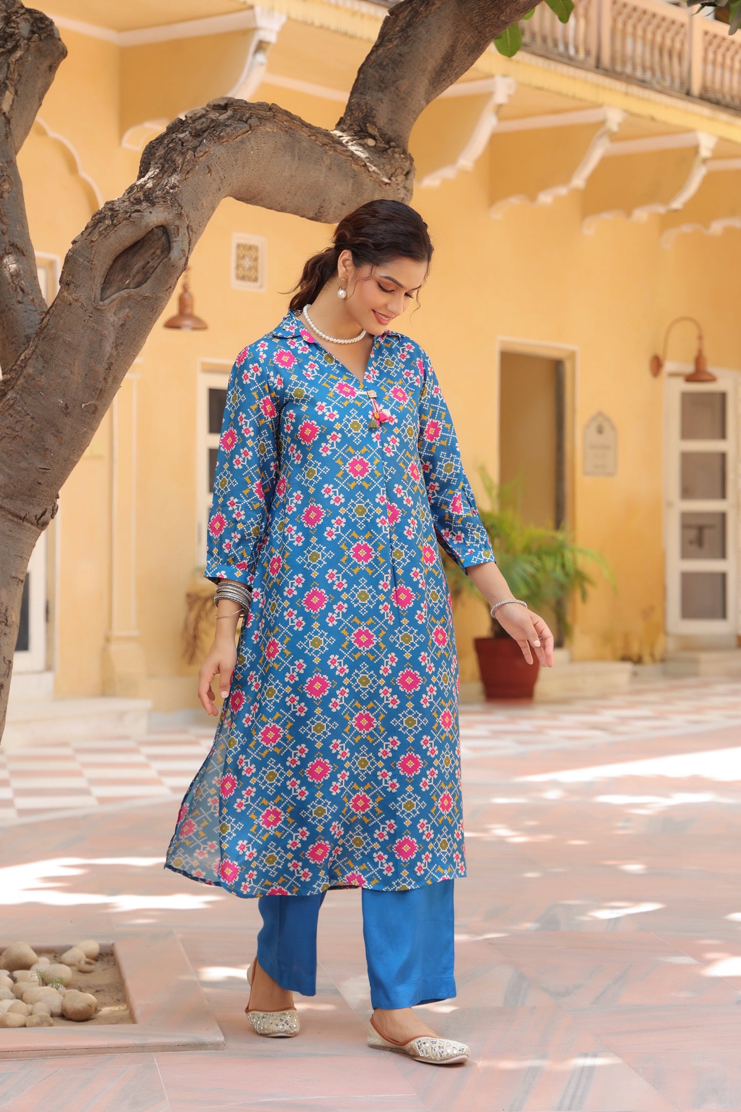 Printed Shirt Collar Tunic With Trouser