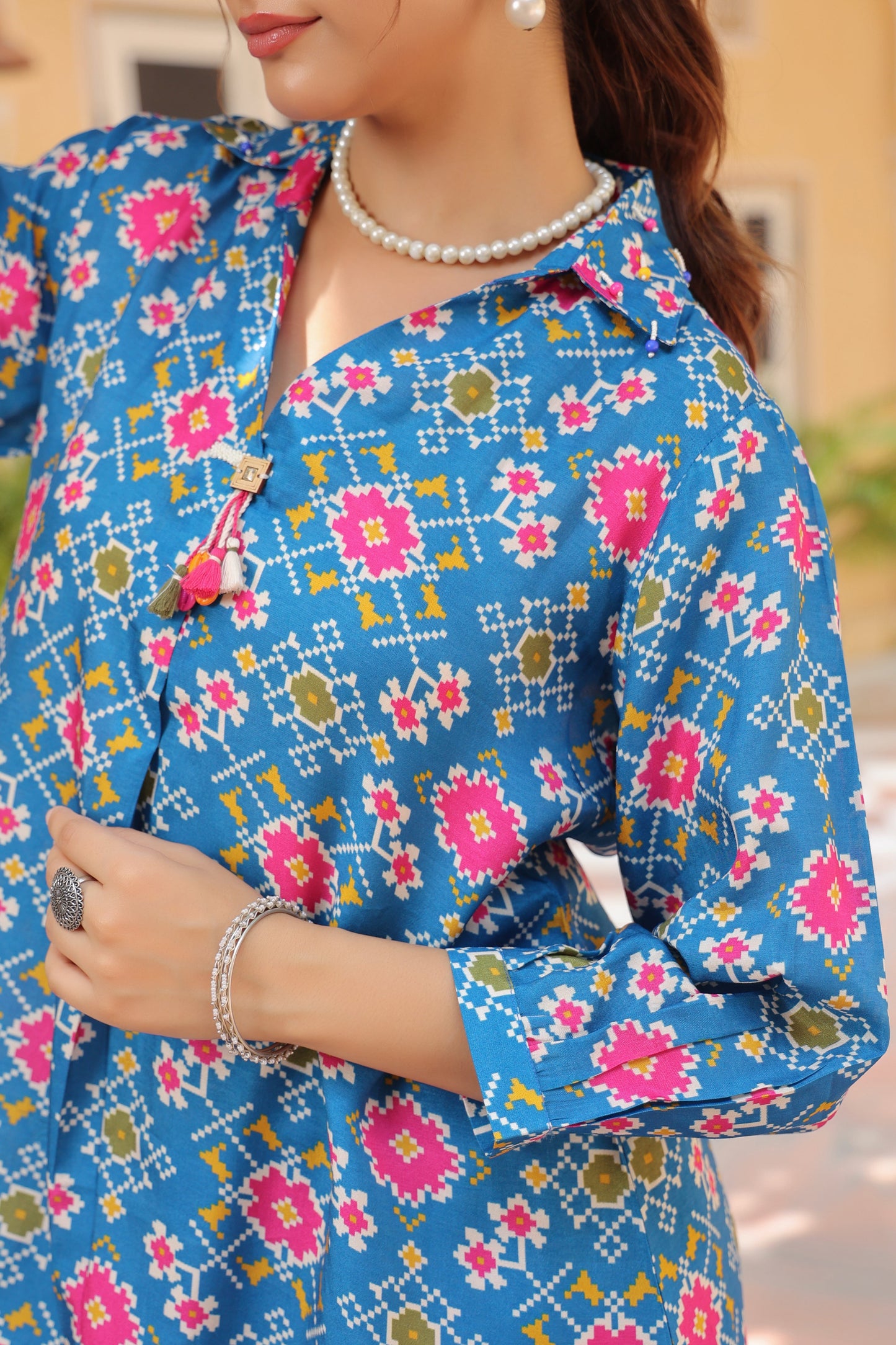 Printed Shirt Collar Tunic With Trouser