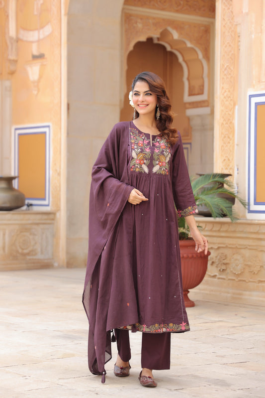 Women Floral Embroidered Regular Cotton Kurta, Trousers & Dupatta Kurta Set