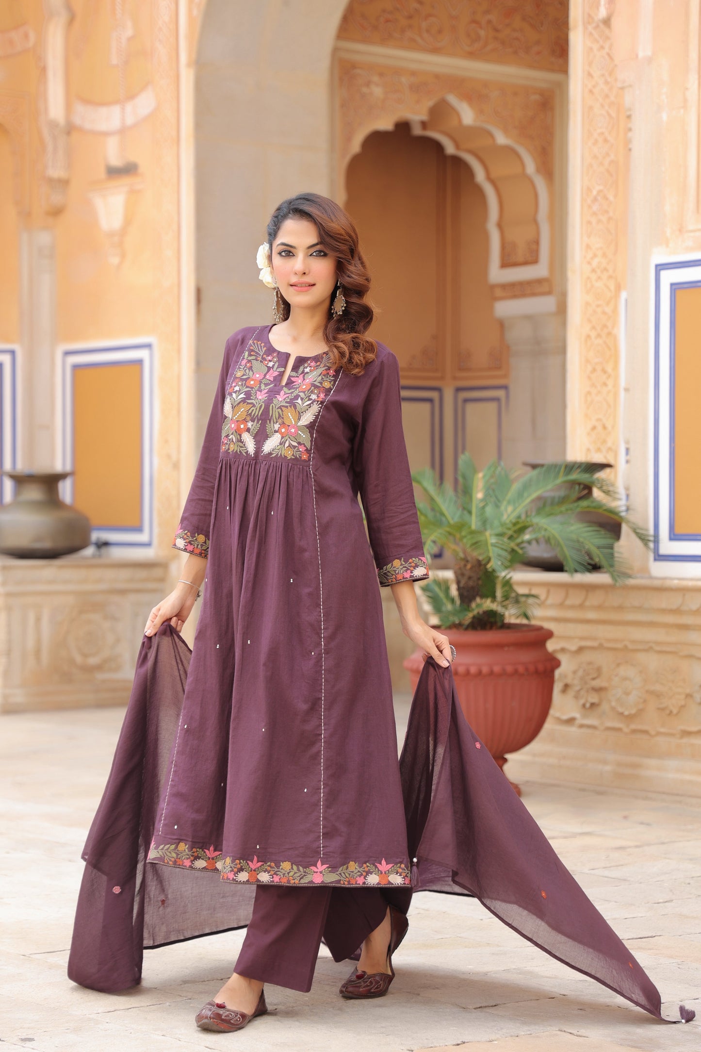 Women Floral Embroidered Regular Cotton Kurta, Trousers & Dupatta Kurta Set
