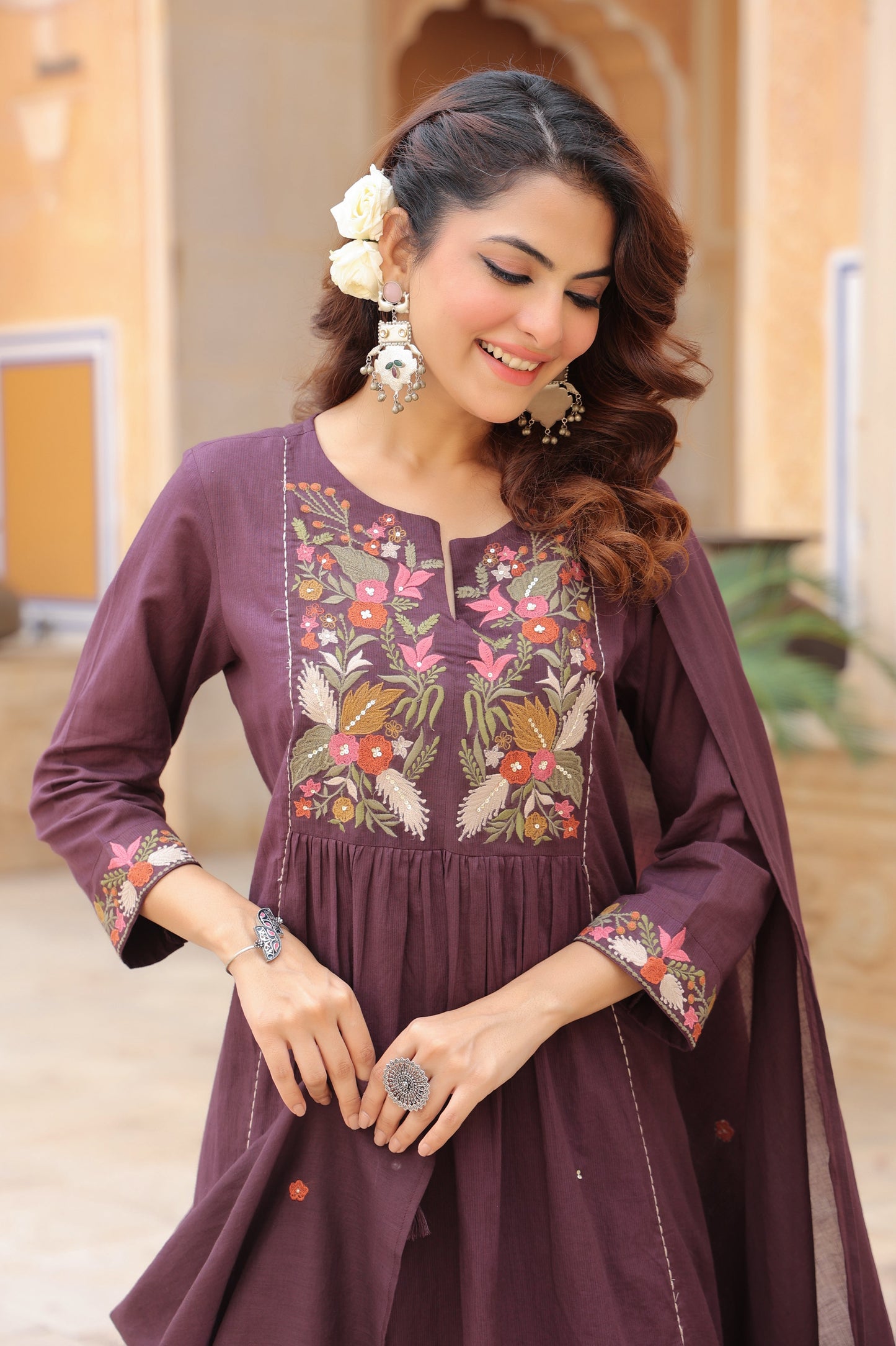 Women Floral Embroidered Regular Cotton Kurta, Trousers & Dupatta Kurta Set