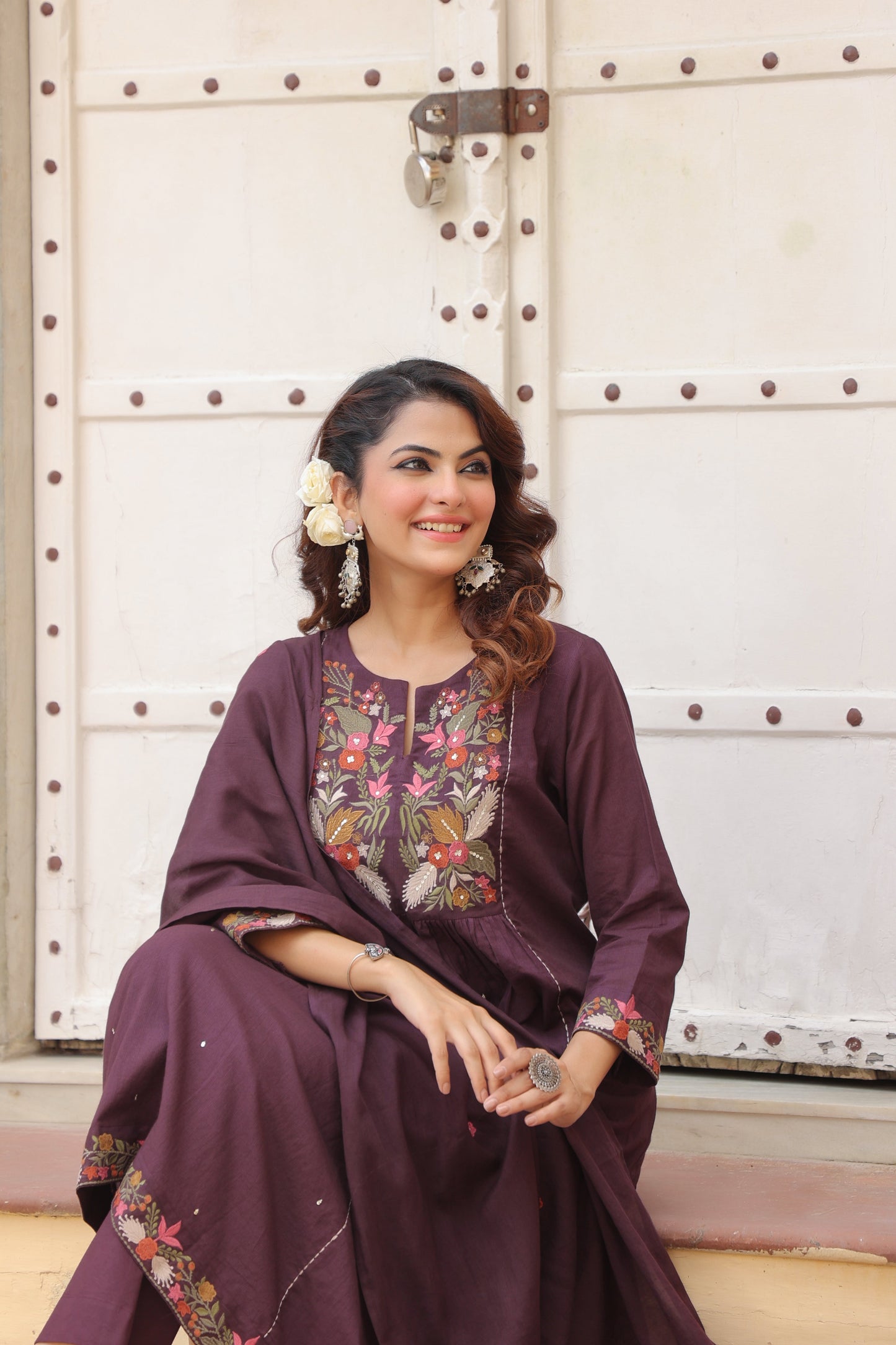 Women Floral Embroidered Regular Cotton Kurta, Trousers & Dupatta Kurta Set