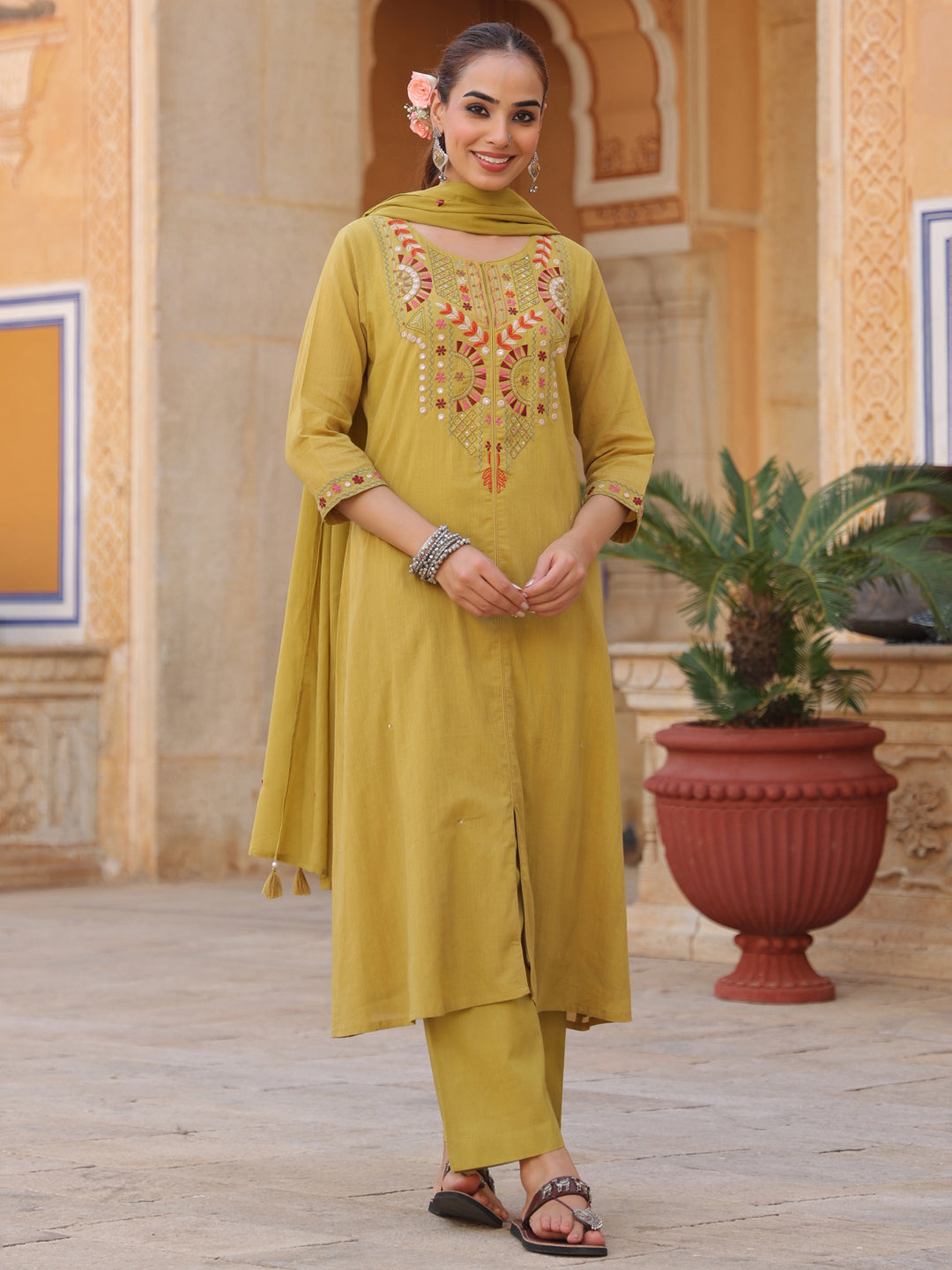 Floral Embroidered Mirror Work Pure Cotton Kurta With Trousers & Dupatta