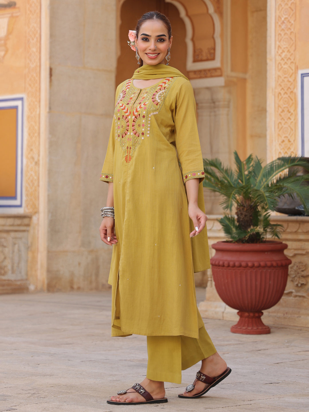 Floral Embroidered Mirror Work Pure Cotton Kurta With Trousers & Dupatta