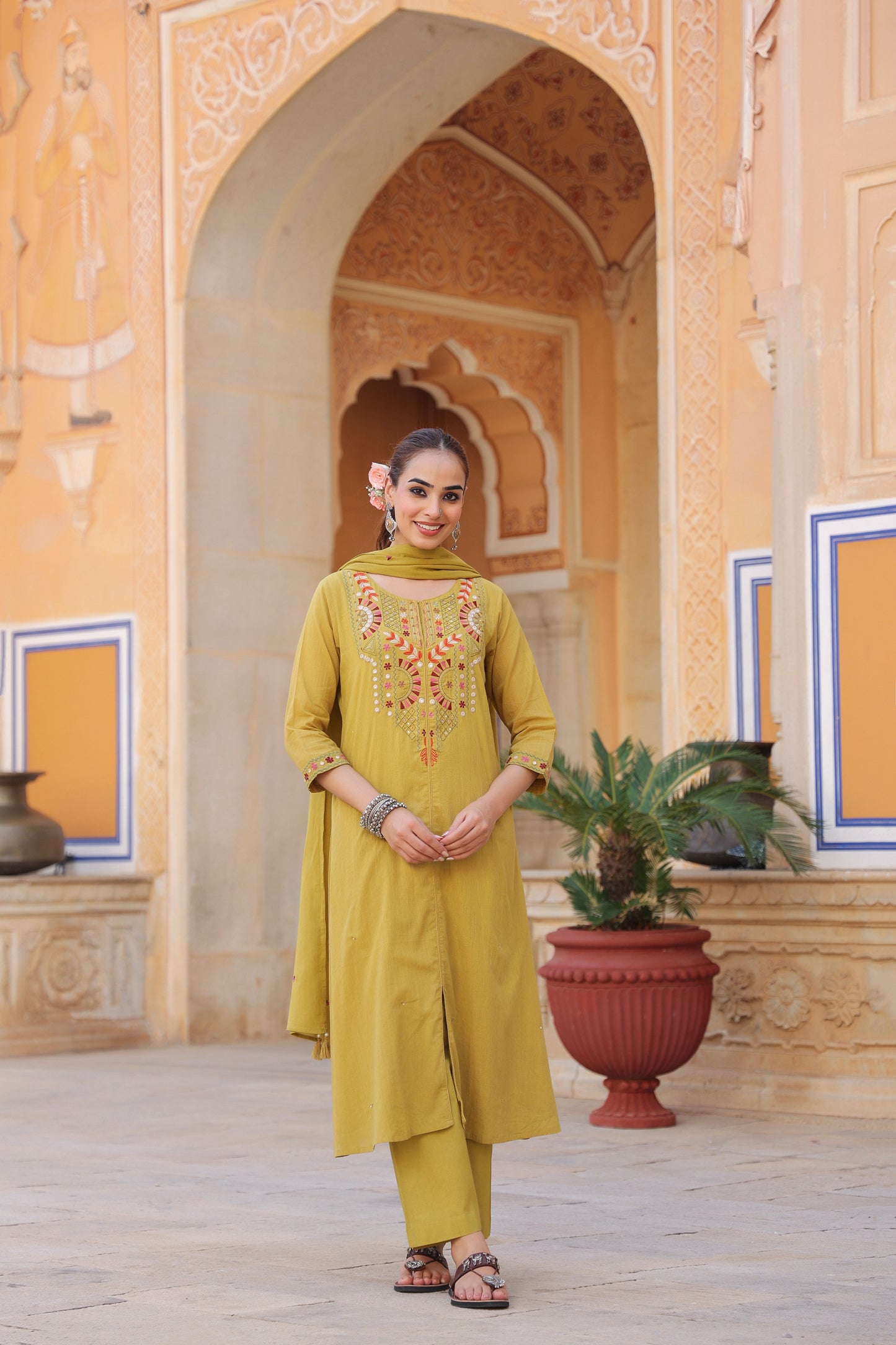 Floral Embroidered Mirror Work Pure Cotton Kurta With Trousers & Dupatta
