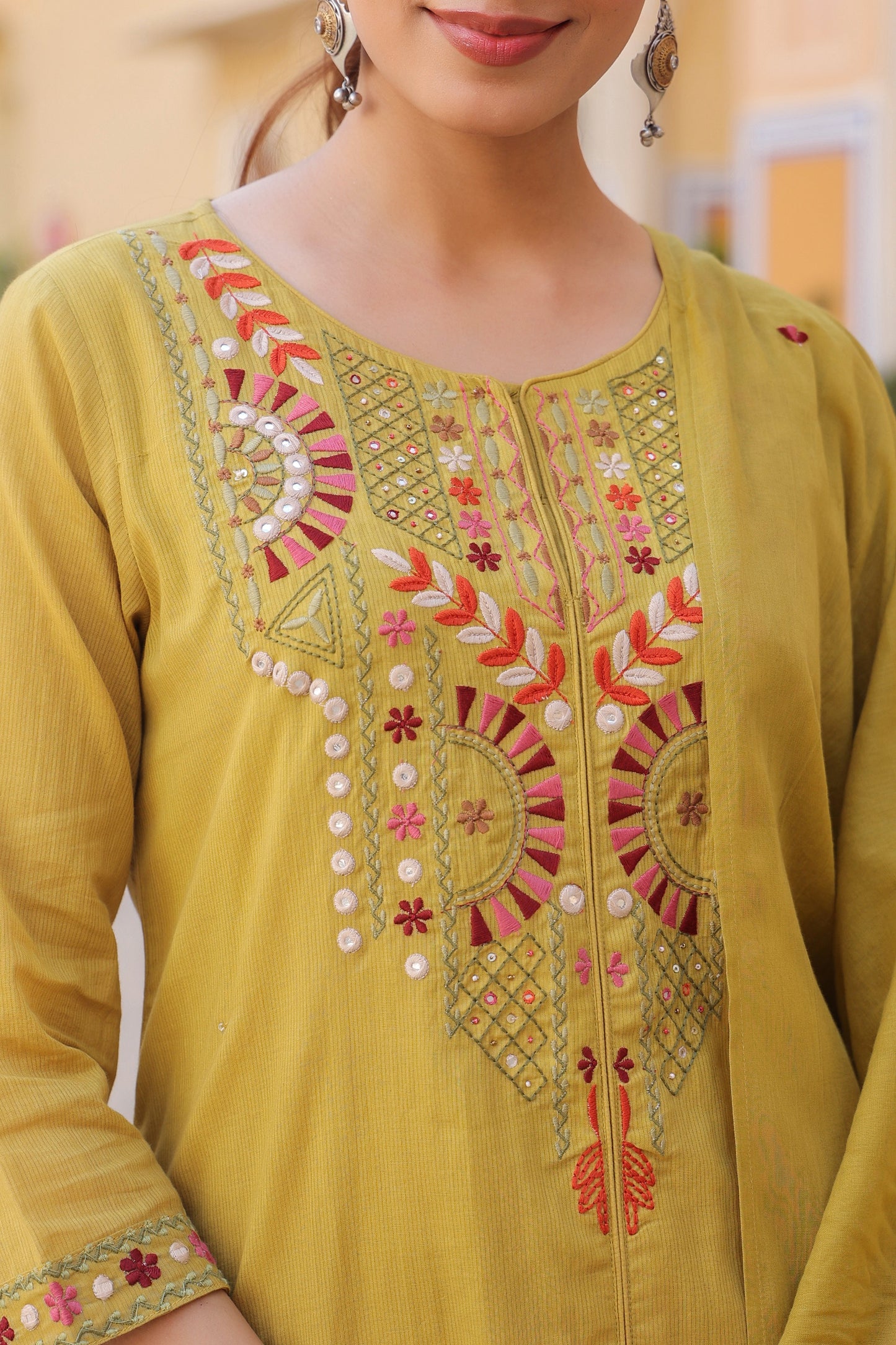 Floral Embroidered Mirror Work Pure Cotton Kurta With Trousers & Dupatta