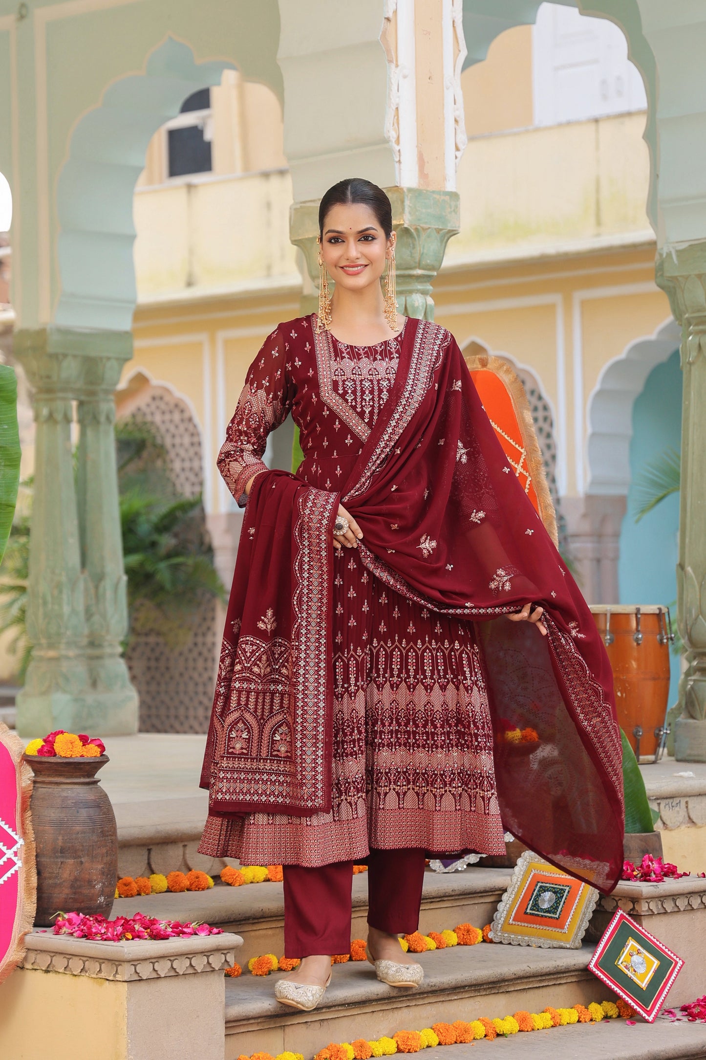 Women Ethnic Motifs Printed Beads and Stones Kurta with Trouser & Dupatta