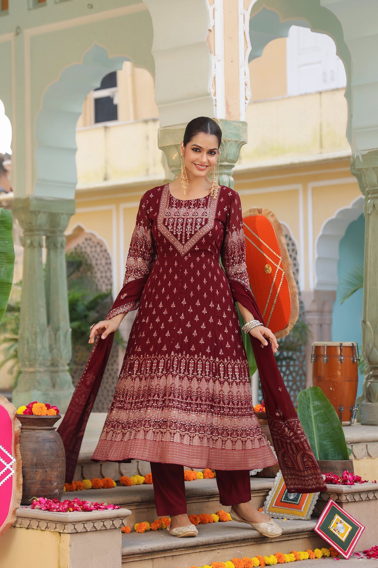 Women Ethnic Motifs Printed Beads and Stones Kurta with Trouser & Dupatta