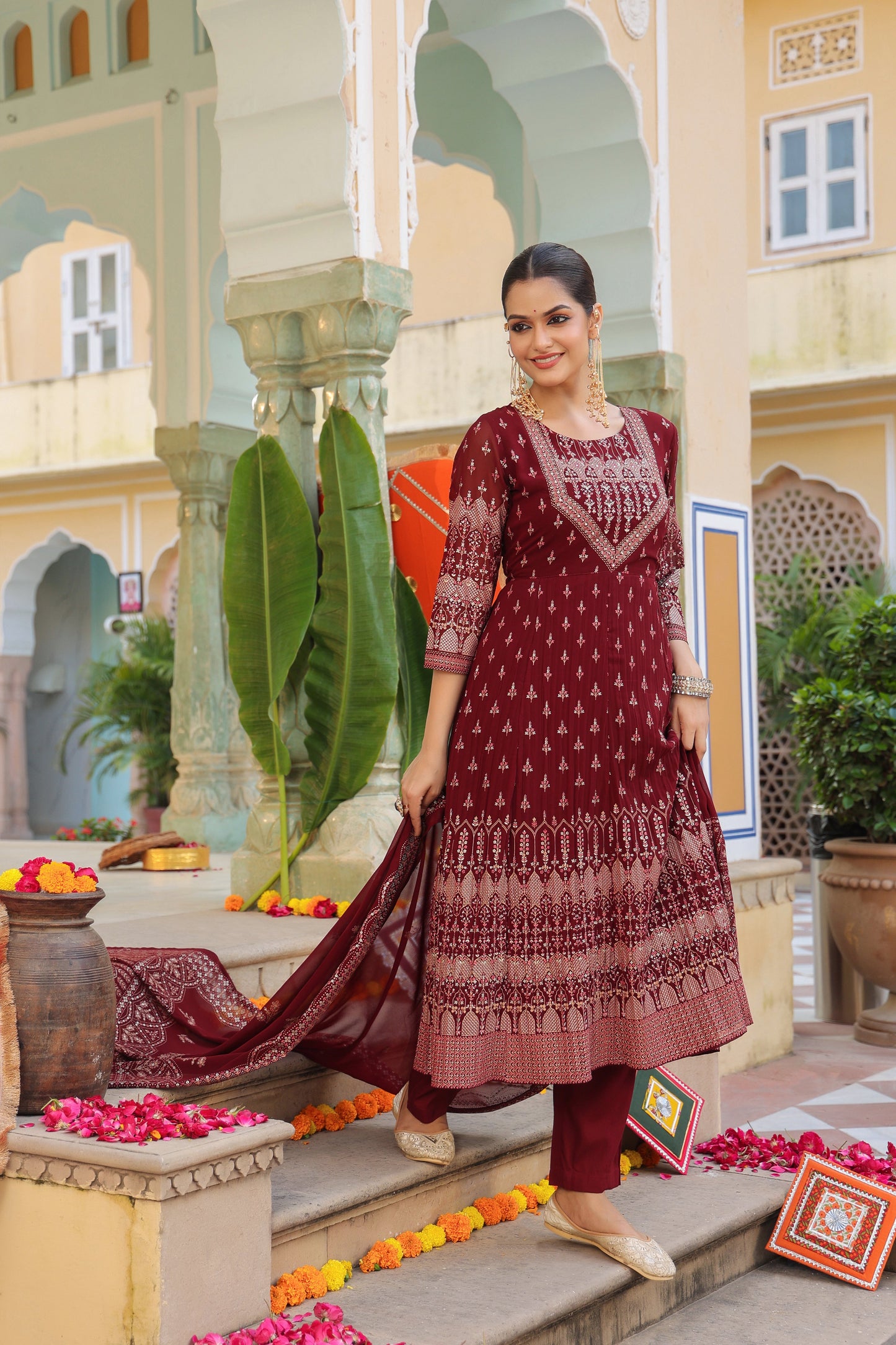 Women Ethnic Motifs Printed Beads and Stones Kurta with Trouser & Dupatta