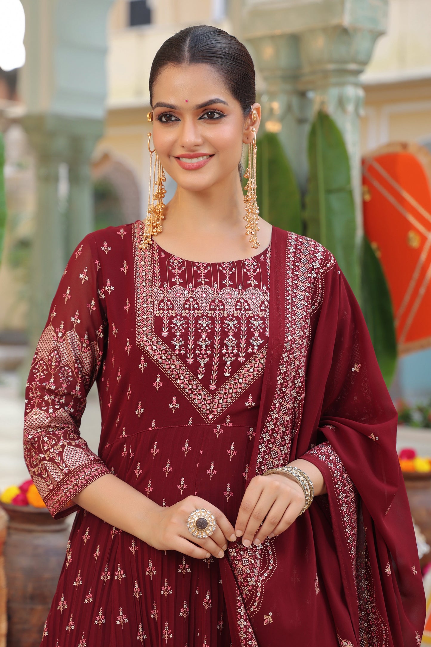 Women Ethnic Motifs Printed Beads and Stones Kurta with Trouser & Dupatta