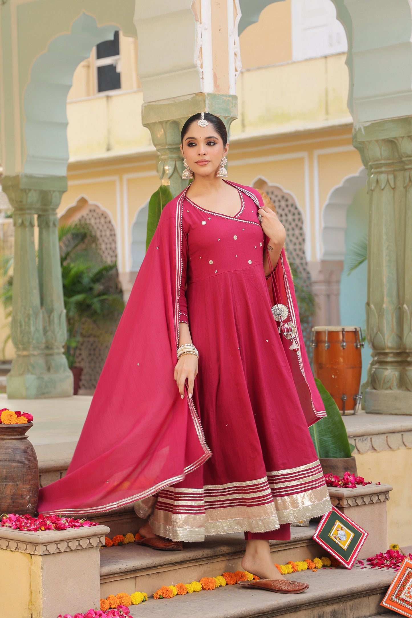 Geometric Embroidered Anarkali Pure Cotton Kurta With Trousers & Dupatta