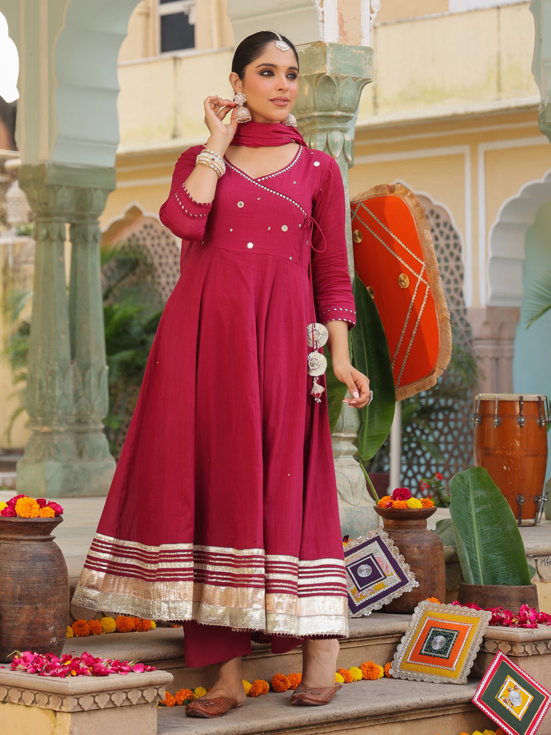 Geometric Embroidered Anarkali Pure Cotton Kurta With Trousers & Dupatta