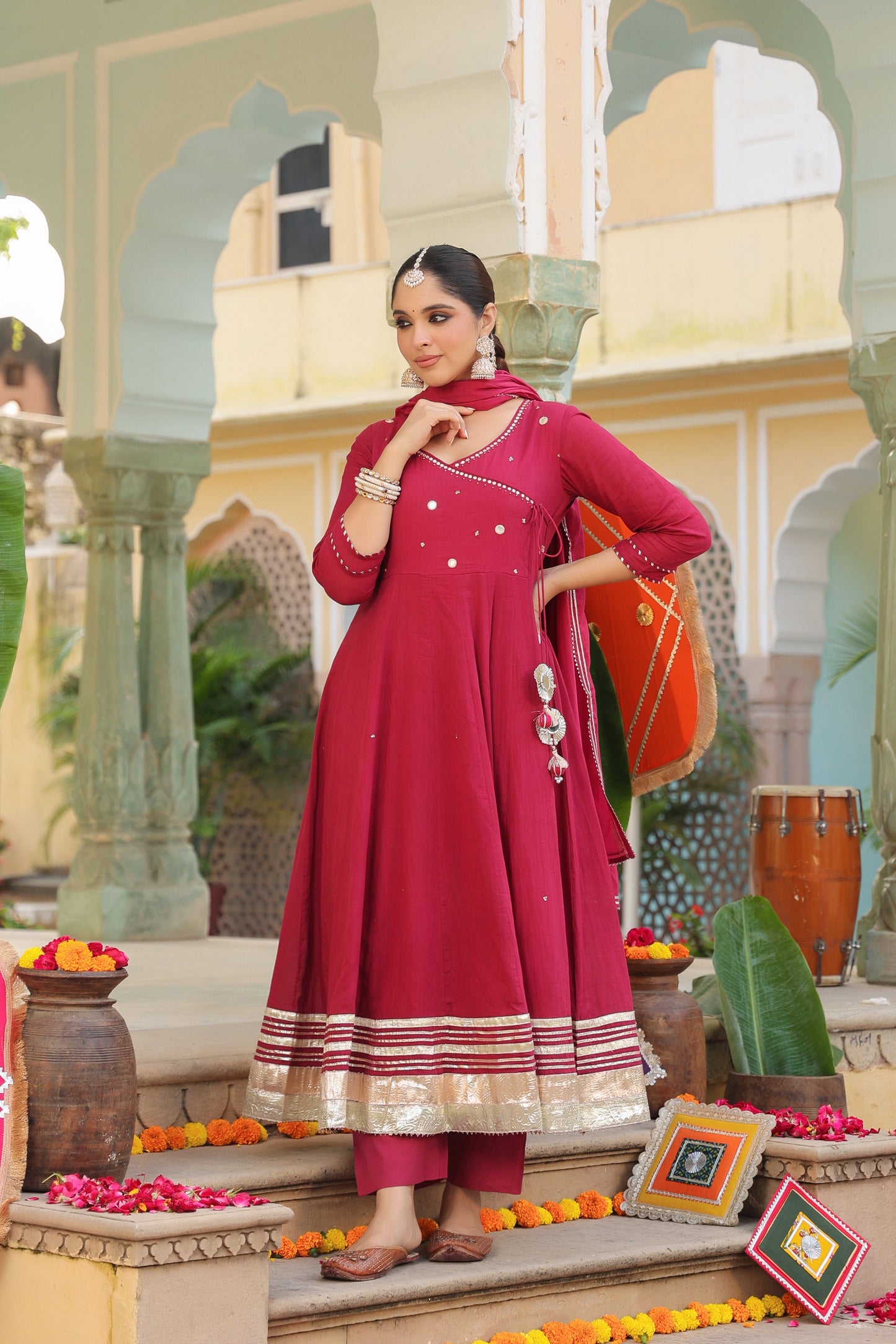 Geometric Embroidered Anarkali Pure Cotton Kurta With Trousers & Dupatta