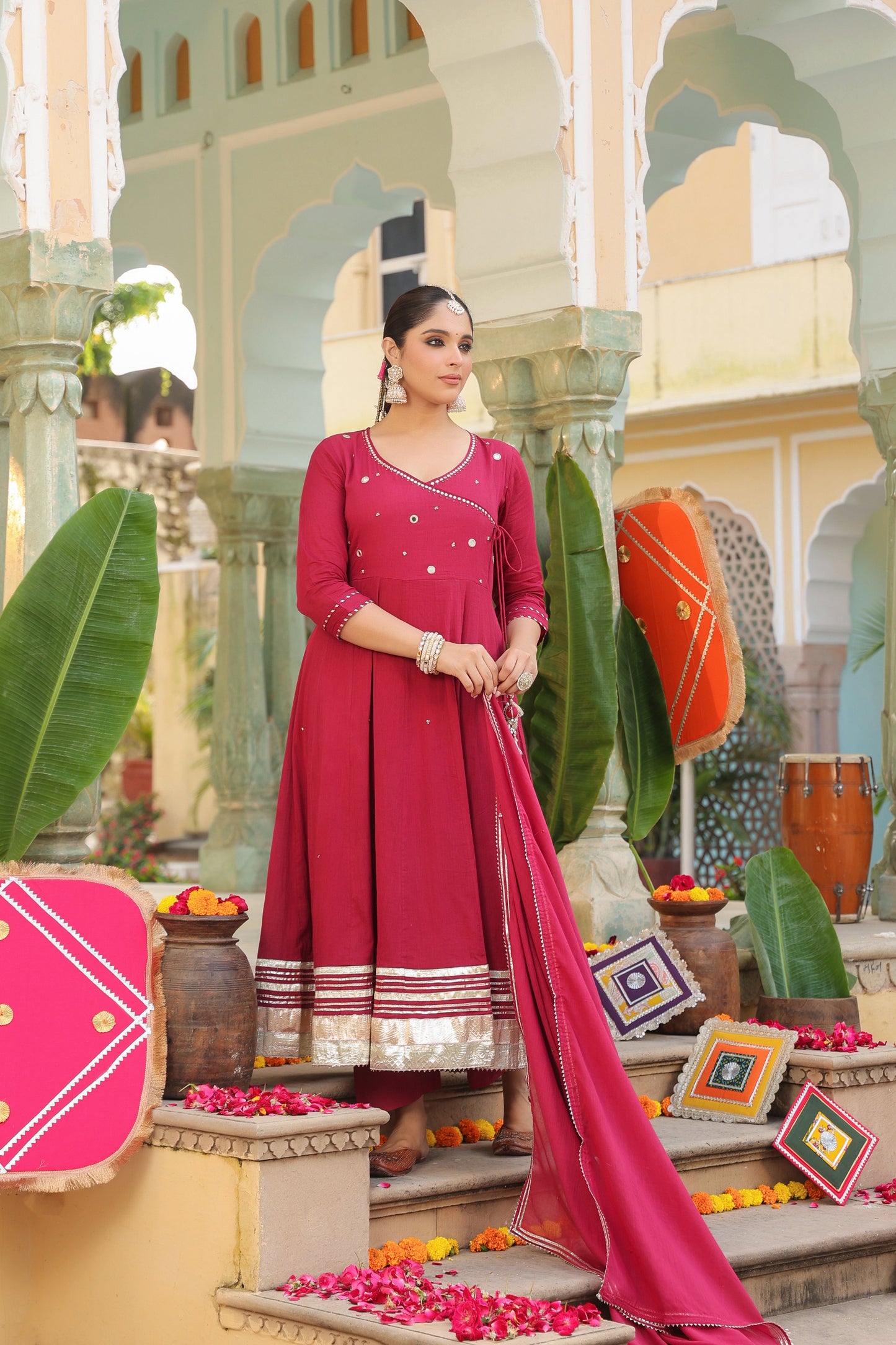 Geometric Embroidered Anarkali Pure Cotton Kurta With Trousers & Dupatta