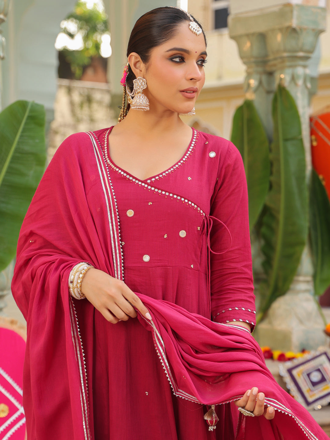 Geometric Embroidered Anarkali Pure Cotton Kurta With Trousers & Dupatta