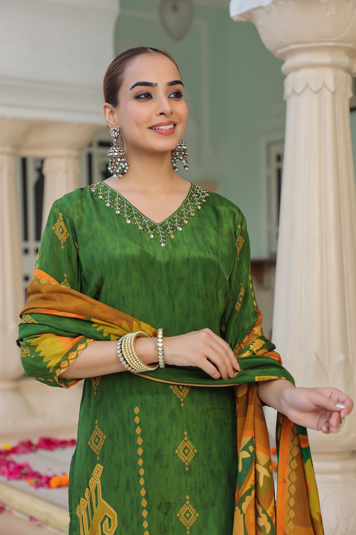 Women Ethnic Motifs Printed Beads and Stones Kurta Set With Dupatta