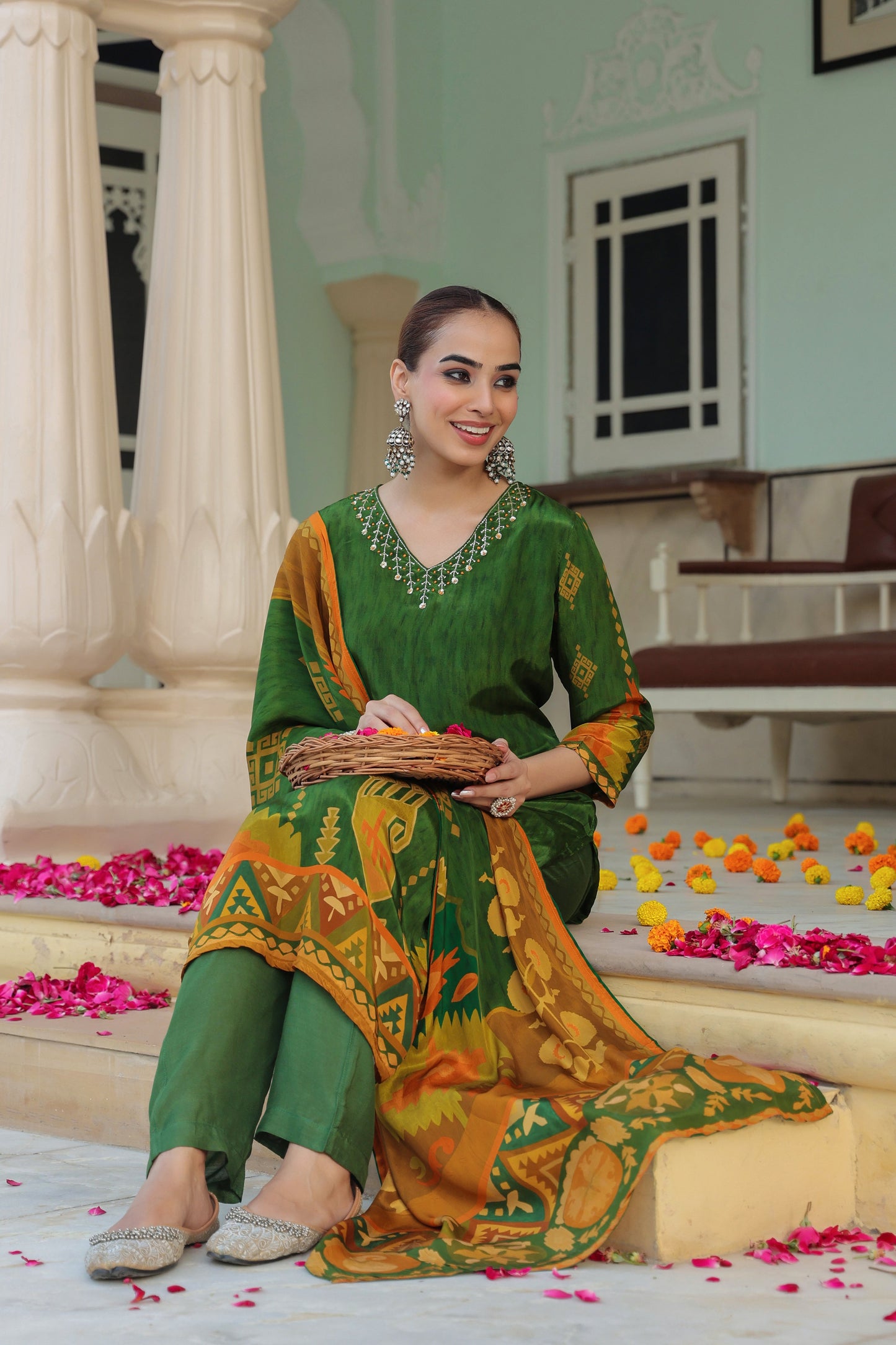 Women Ethnic Motifs Printed Beads and Stones Kurta Set With Dupatta