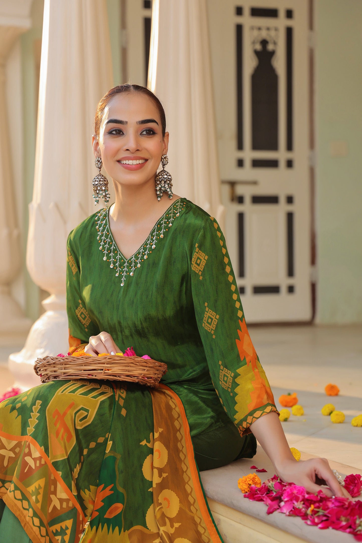 Women Ethnic Motifs Printed Beads and Stones Kurta Set With Dupatta