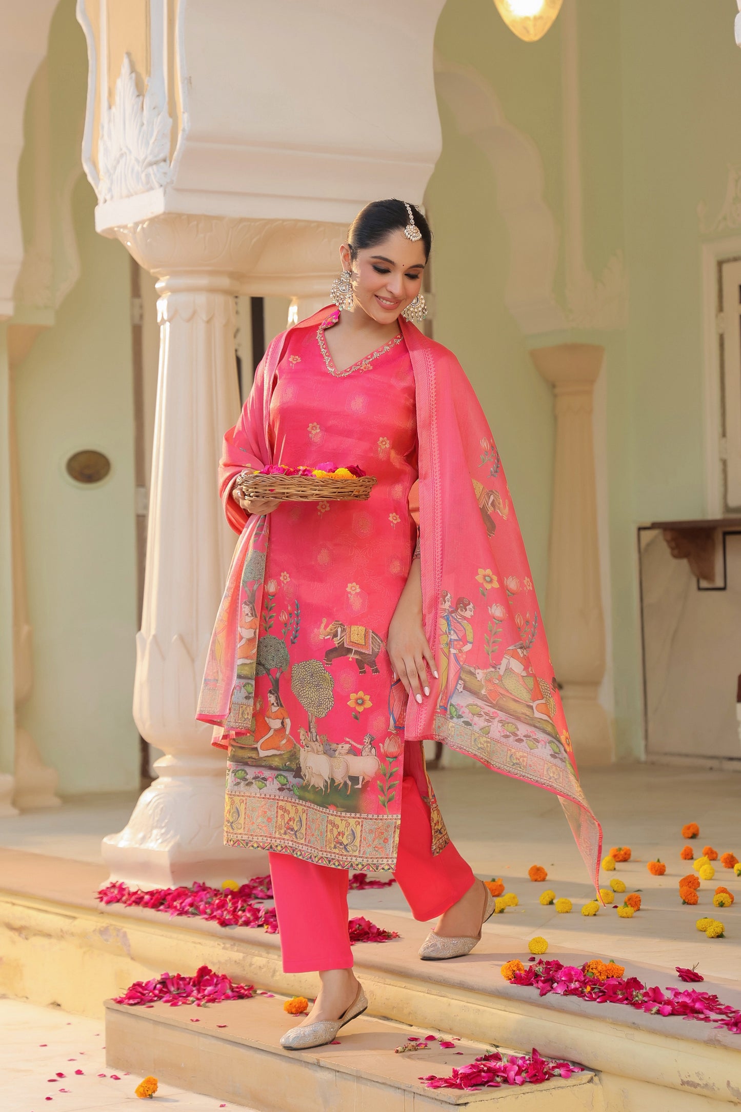 Women Printed Regular Chanderi Cotton Kurta with Trousers & Dupatta