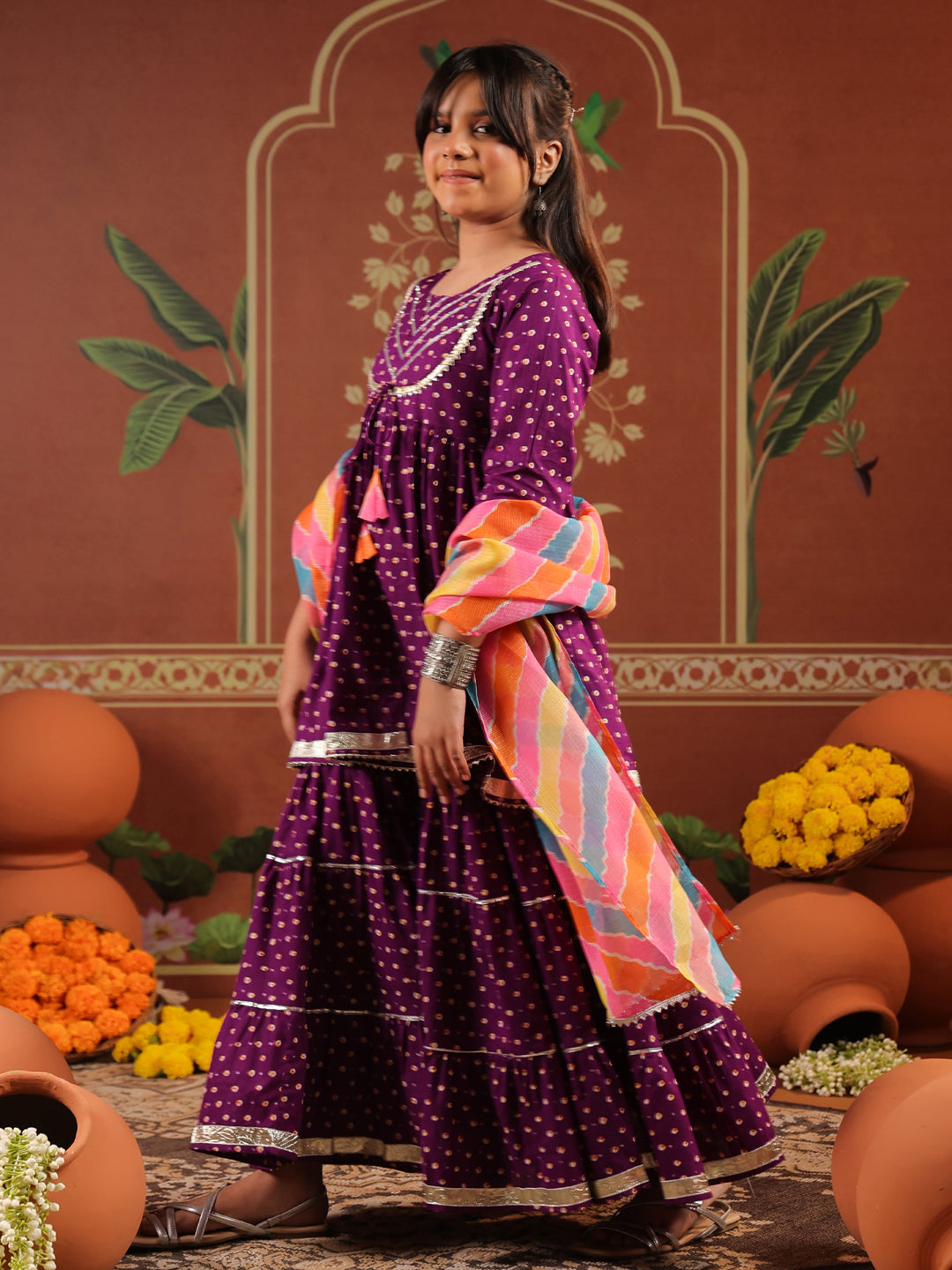 Girls Floral Printed Regular Gotta Patti Pure Cotton Kurti with Sharara & With Dupatta