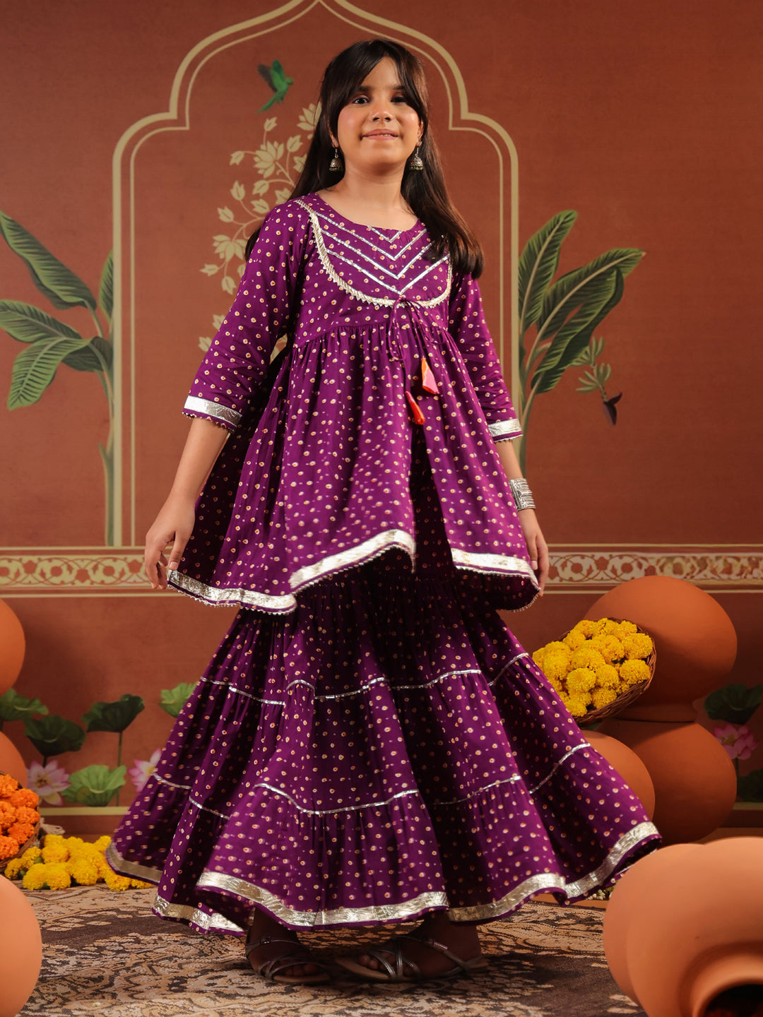 Girls Floral Printed Regular Gotta Patti Pure Cotton Kurti with Sharara & With Dupatta